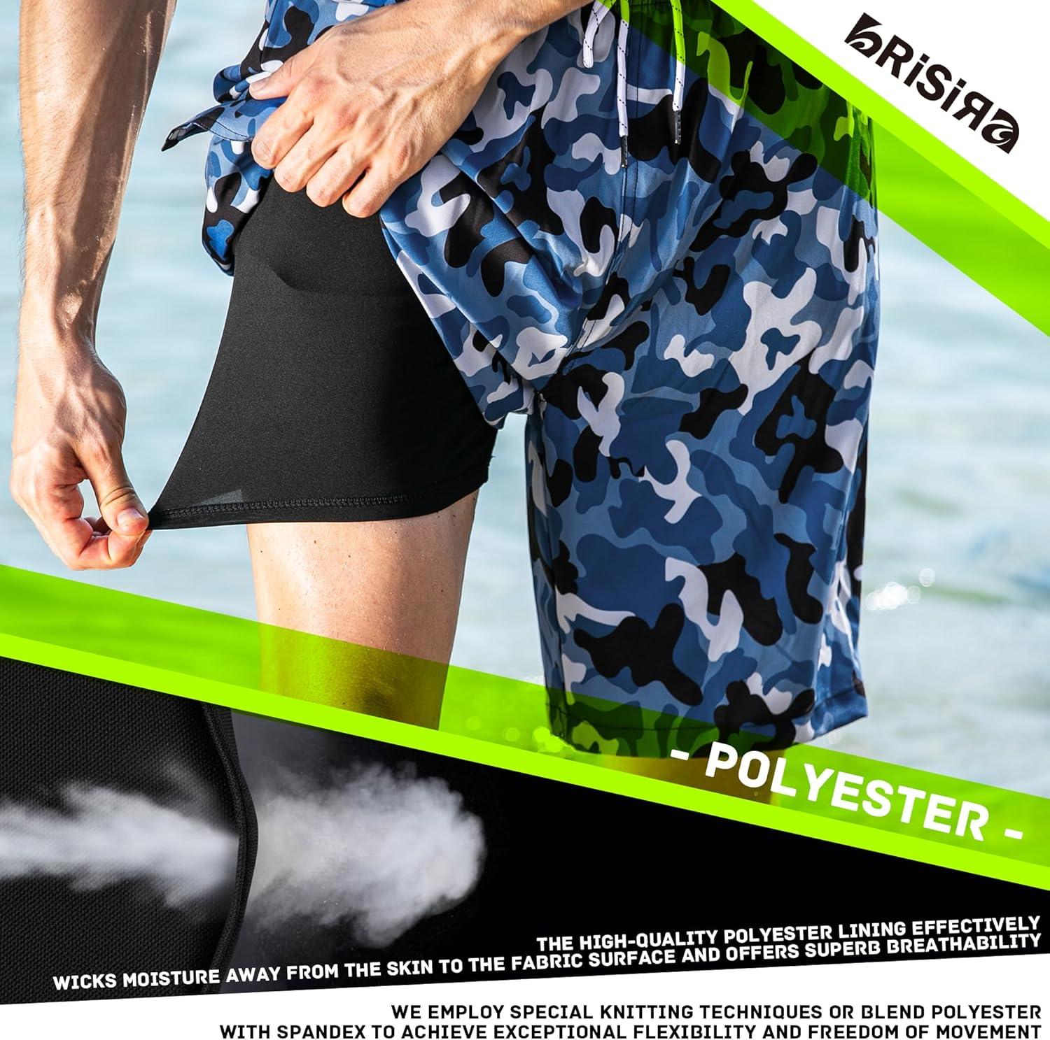 imageBRISIRA Mens Swim Trunks 9 Inch Compression Liner Long Board Shorts Swimwear Bathing Suit AntiChafe Quick Dry Cargo PocketBlue Camouflage