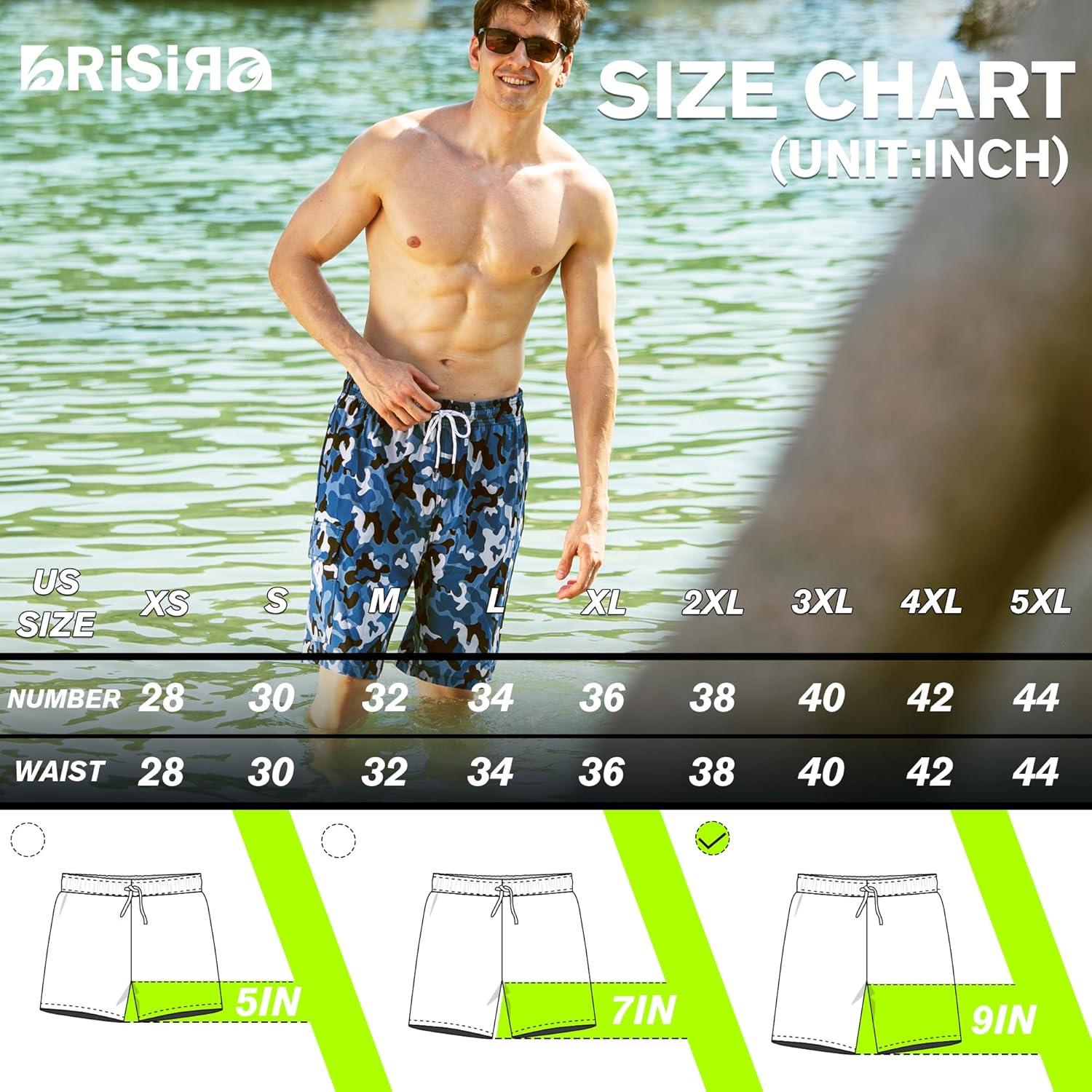 imageBRISIRA Mens Swim Trunks 9 Inch Compression Liner Long Board Shorts Swimwear Bathing Suit AntiChafe Quick Dry Cargo PocketBlue Camouflage