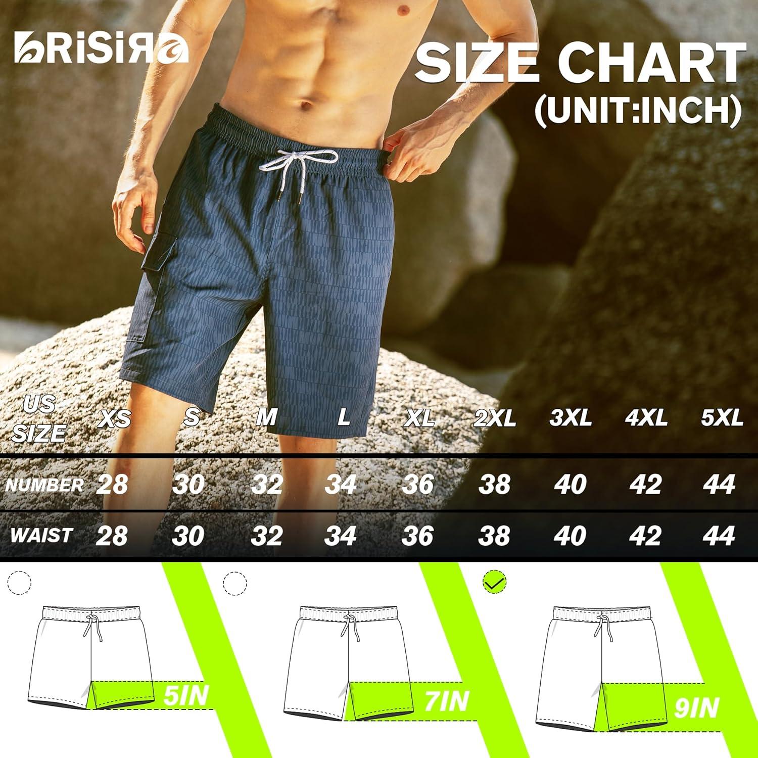 imageBRISIRA Mens Swim Trunks 9 Inch Compression Liner Long Board Shorts Swimwear Bathing Suit AntiChafe Quick Dry Cargo PocketBlue Darkstripes