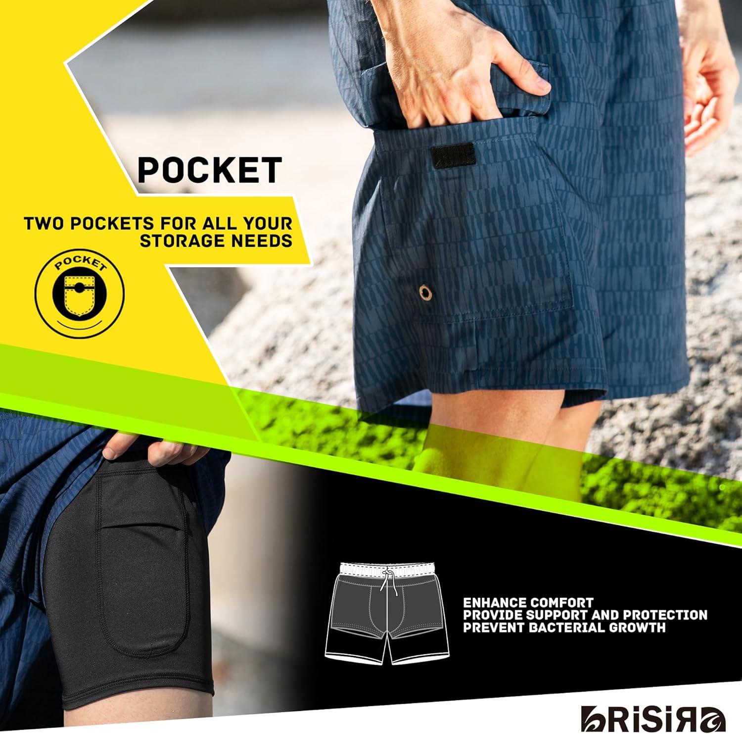 imageBRISIRA Mens Swim Trunks 9 Inch Compression Liner Long Board Shorts Swimwear Bathing Suit AntiChafe Quick Dry Cargo PocketBlue Darkstripes