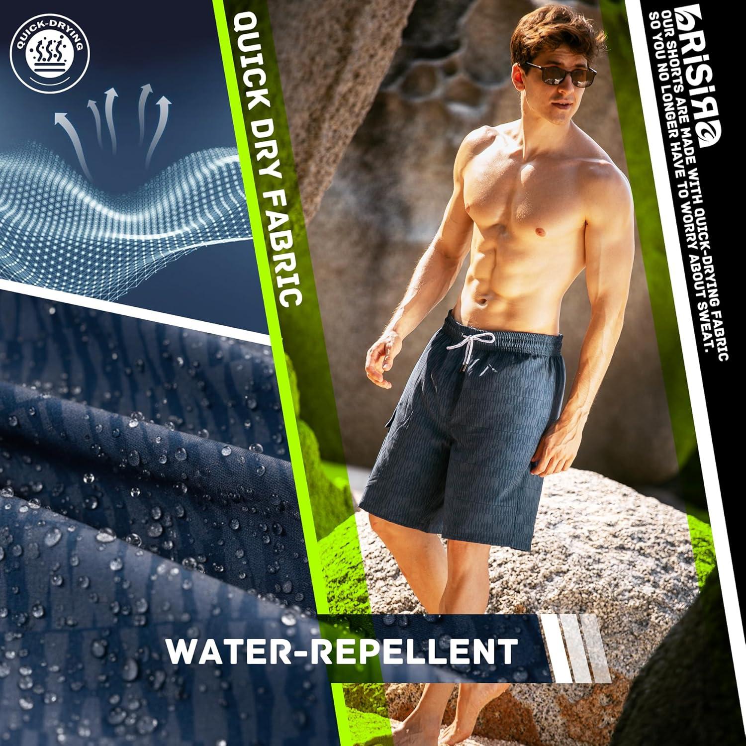 imageBRISIRA Mens Swim Trunks 9 Inch Compression Liner Long Board Shorts Swimwear Bathing Suit AntiChafe Quick Dry Cargo PocketBlue Darkstripes