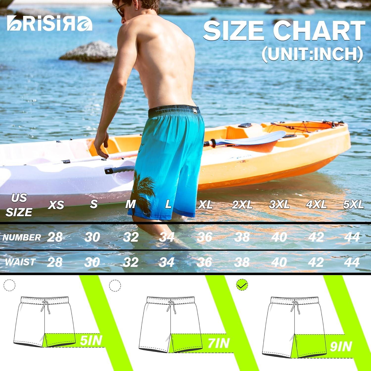 imageBRISIRA Mens Swim Trunks 9 Inch Compression Liner Long Board Shorts Swimwear Bathing Suit AntiChafe Quick Dry Cargo PocketBluegradientpalmtree