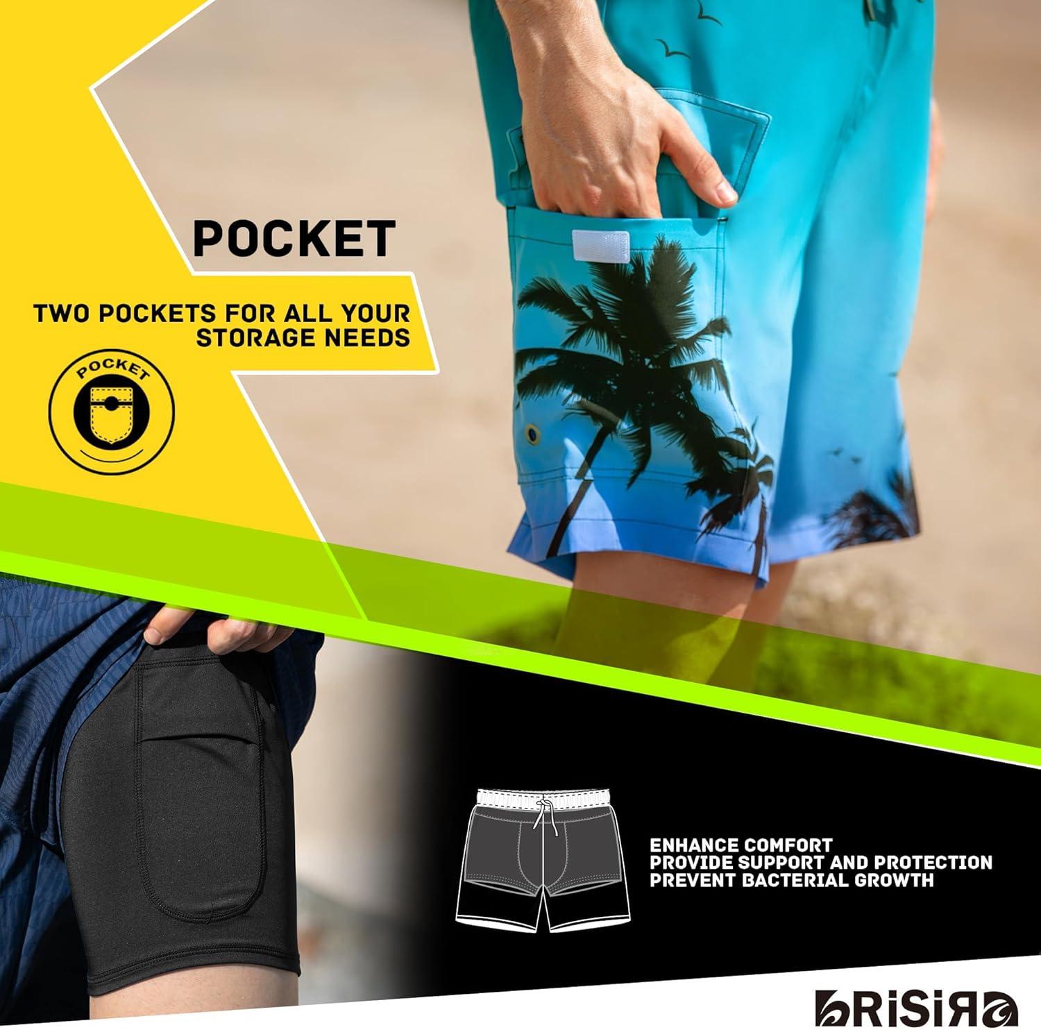 imageBRISIRA Mens Swim Trunks 9 Inch Compression Liner Long Board Shorts Swimwear Bathing Suit AntiChafe Quick Dry Cargo PocketBluegradientpalmtree