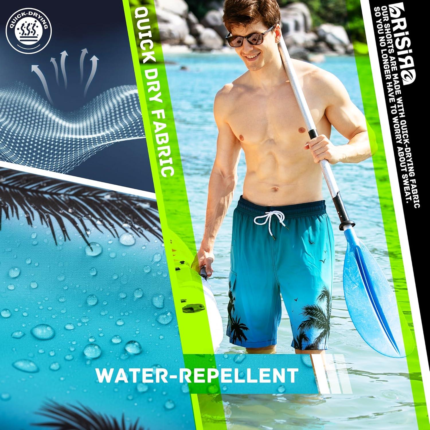 imageBRISIRA Mens Swim Trunks 9 Inch Compression Liner Long Board Shorts Swimwear Bathing Suit AntiChafe Quick Dry Cargo PocketBluegradientpalmtree