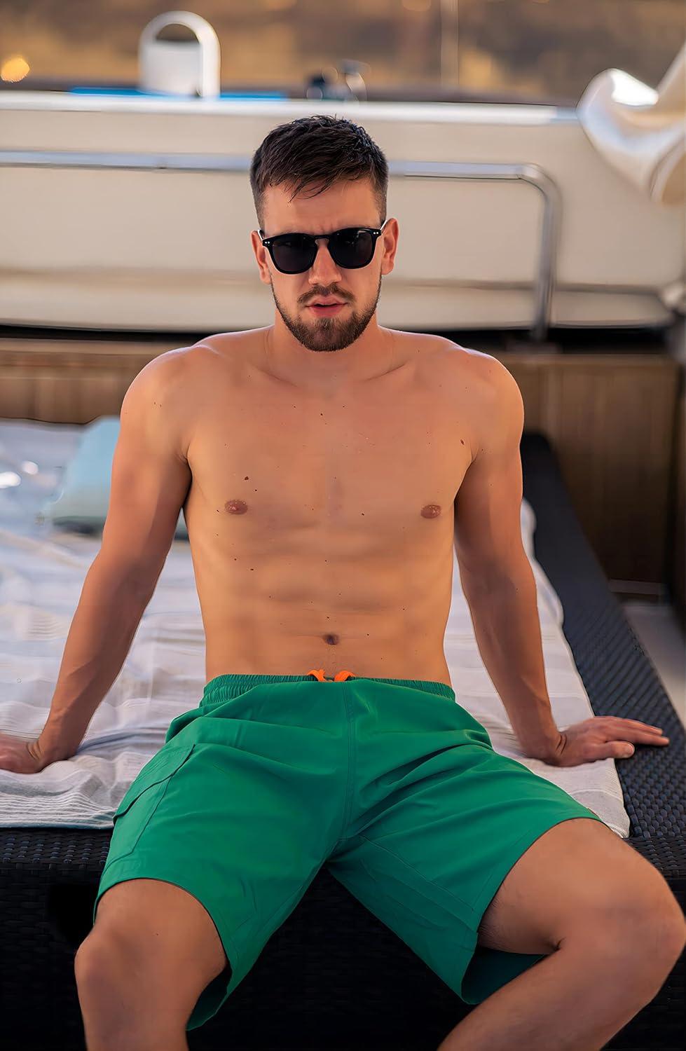 imageBRISIRA Mens Swim Trunks 9 Inch Compression Liner Long Board Shorts Swimwear Bathing Suit AntiChafe Quick Dry Cargo PocketGreenblue