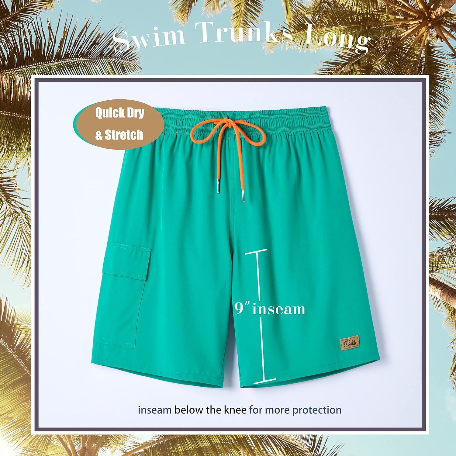 imageBRISIRA Mens Swim Trunks 9 Inch Compression Liner Long Board Shorts Swimwear Bathing Suit AntiChafe Quick Dry Cargo PocketGreenblue