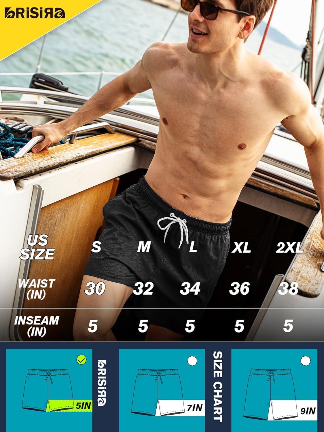 imageBRISIRA Mens Swim Trunks Ribbed Textured 5quot Bathing Suit with Compression Liner Board Shorts Beach Swimsuit Quick Dry PocketBlackstripes