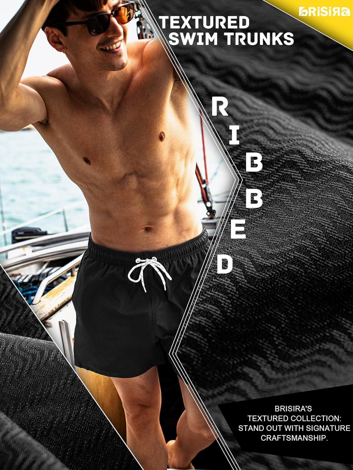 imageBRISIRA Mens Swim Trunks Ribbed Textured 5quot Bathing Suit with Compression Liner Board Shorts Beach Swimsuit Quick Dry PocketBlackstripes