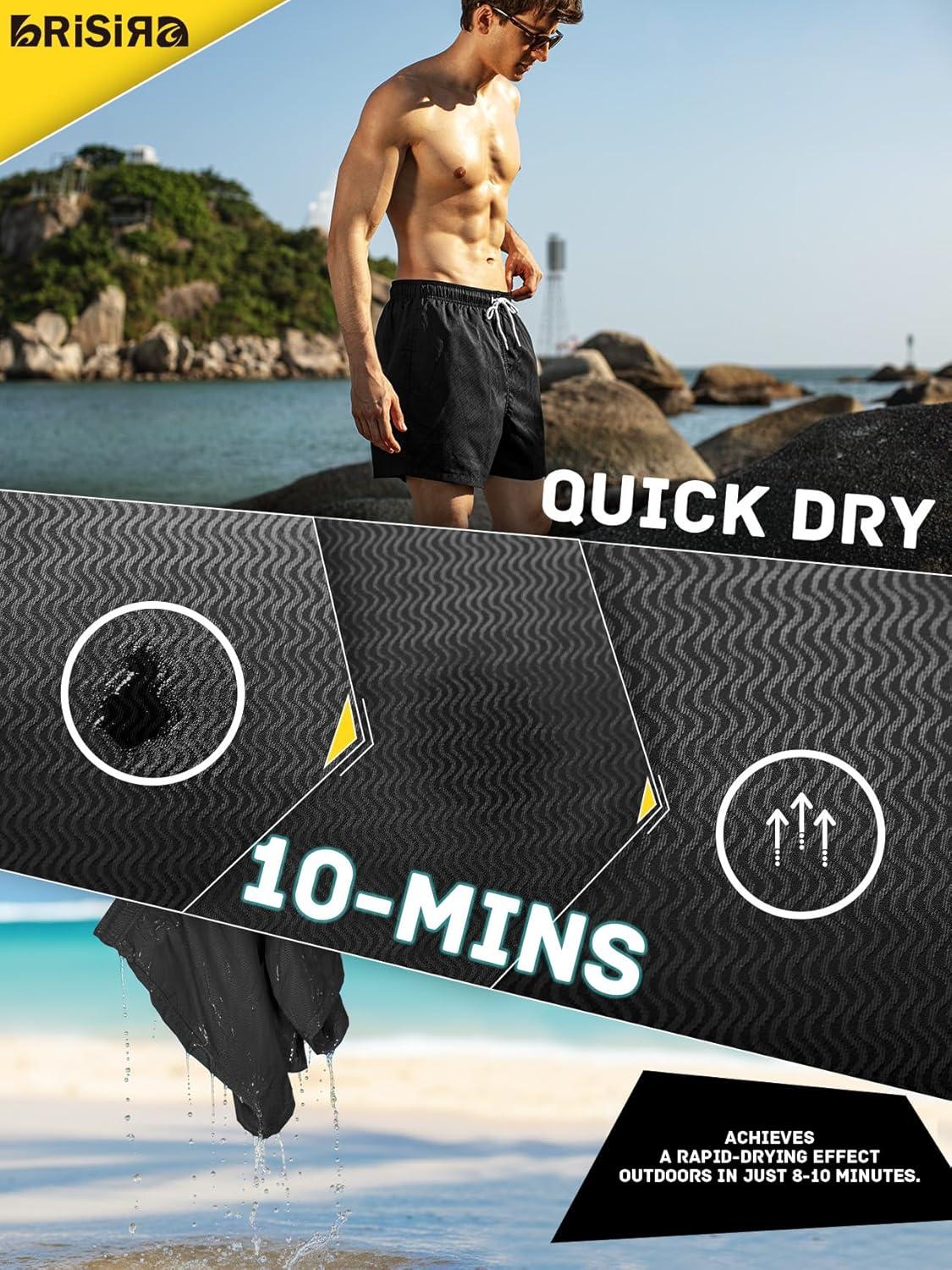 imageBRISIRA Mens Swim Trunks Ribbed Textured 5quot Bathing Suit with Compression Liner Board Shorts Beach Swimsuit Quick Dry PocketBlackstripes