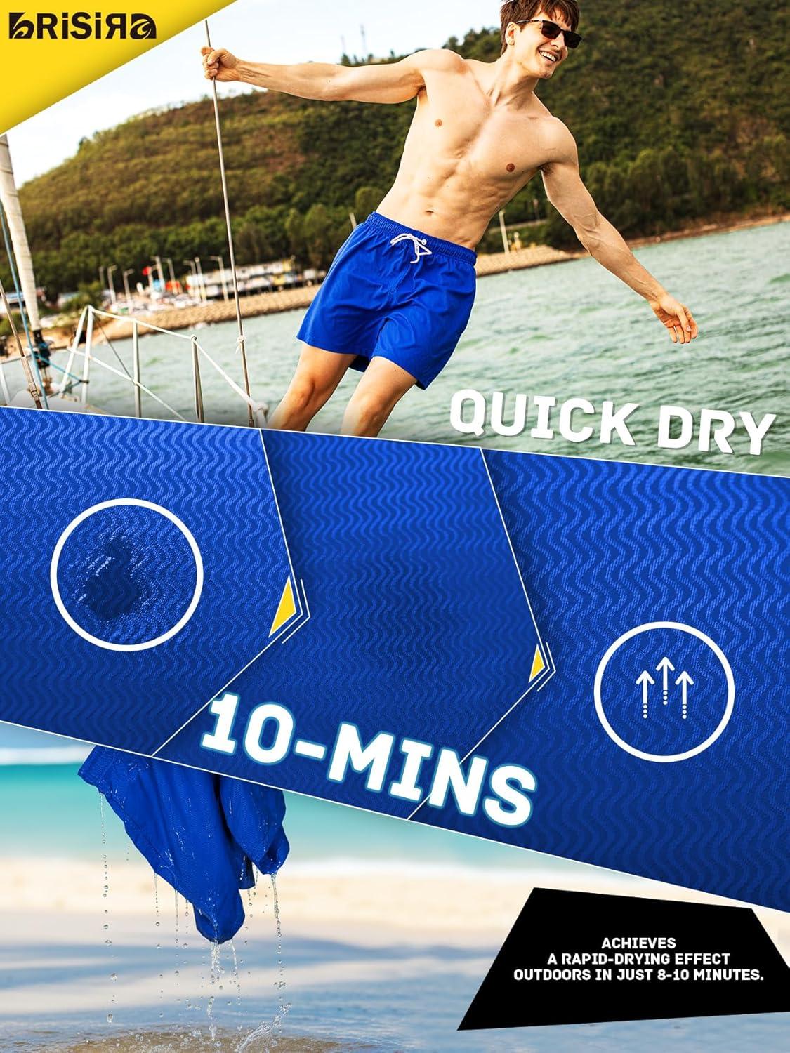 imageBRISIRA Mens Swim Trunks Ribbed Textured 5quot Bathing Suit with Compression Liner Board Shorts Beach Swimsuit Quick Dry PocketNavystripes