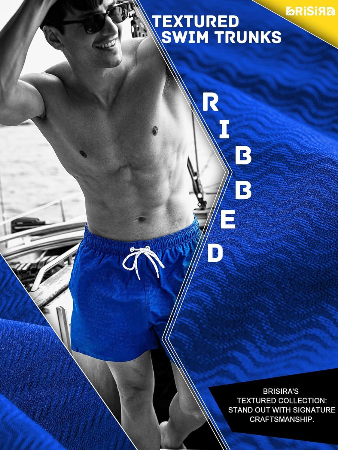 imageBRISIRA Mens Swim Trunks Ribbed Textured 5quot Bathing Suit with Compression Liner Board Shorts Beach Swimsuit Quick Dry PocketNavystripes
