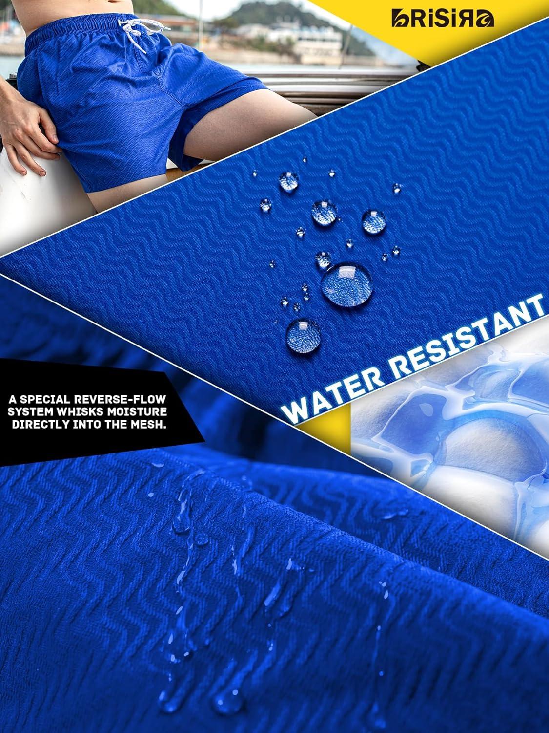 imageBRISIRA Mens Swim Trunks Ribbed Textured 5quot Bathing Suit with Compression Liner Board Shorts Beach Swimsuit Quick Dry PocketNavystripes