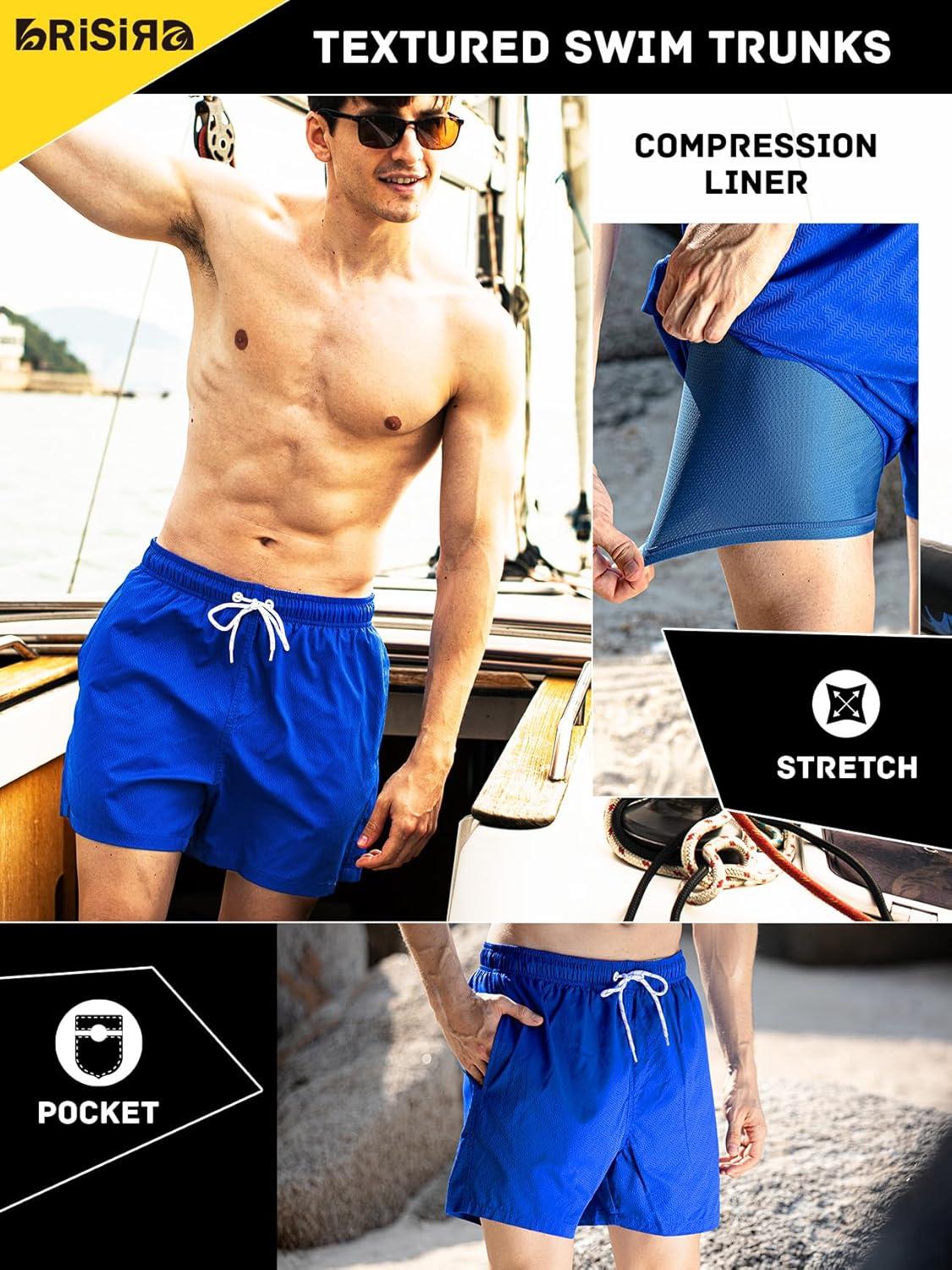 imageBRISIRA Mens Swim Trunks Ribbed Textured 5quot Bathing Suit with Compression Liner Board Shorts Beach Swimsuit Quick Dry PocketNavystripes