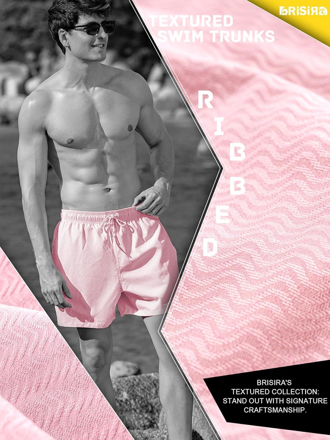 imageBRISIRA Mens Swim Trunks Ribbed Textured 5quot Bathing Suit with Compression Liner Board Shorts Beach Swimsuit Quick Dry PocketPinkstripes