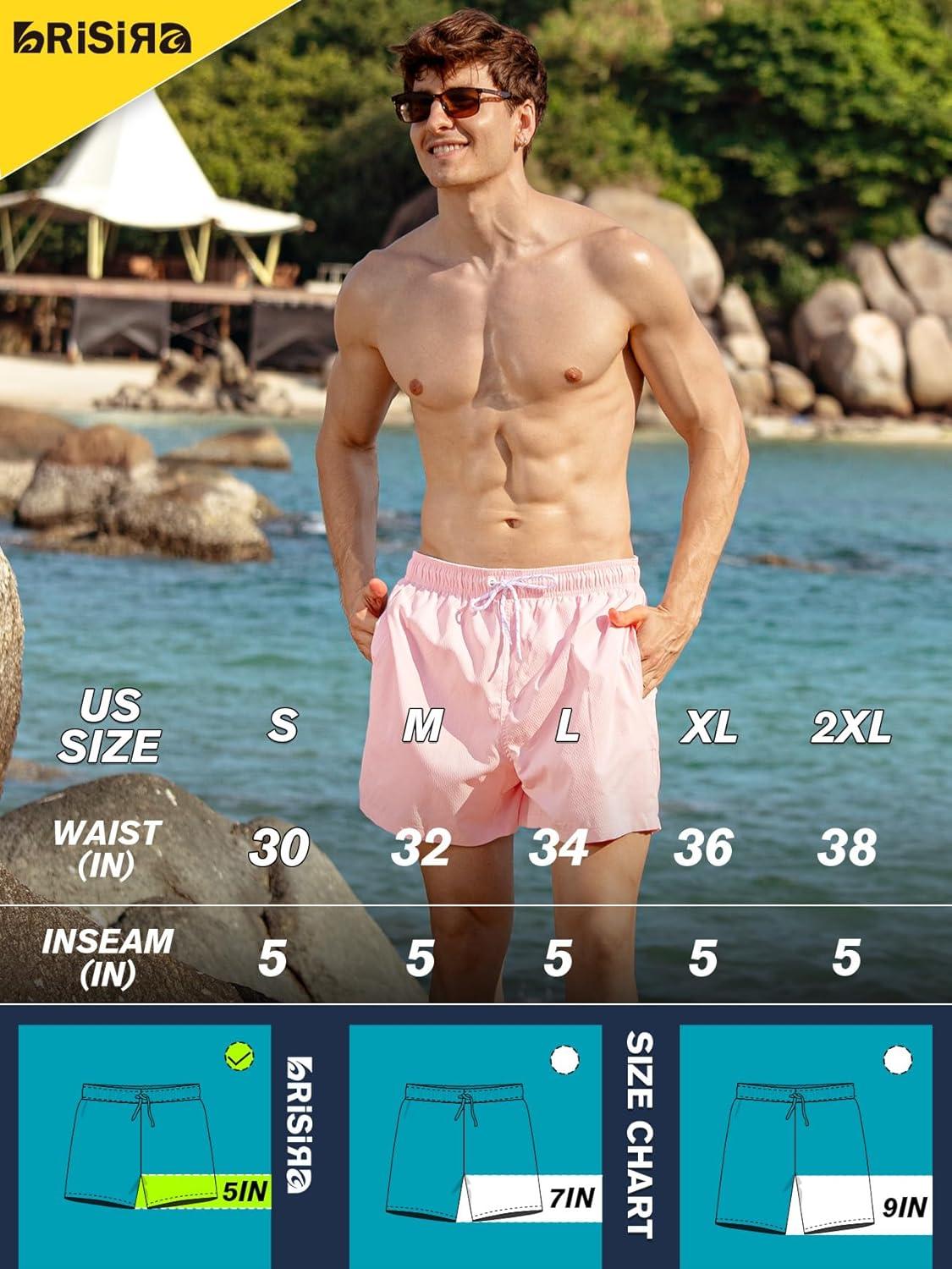 imageBRISIRA Mens Swim Trunks Ribbed Textured 5quot Bathing Suit with Compression Liner Board Shorts Beach Swimsuit Quick Dry PocketPinkstripes