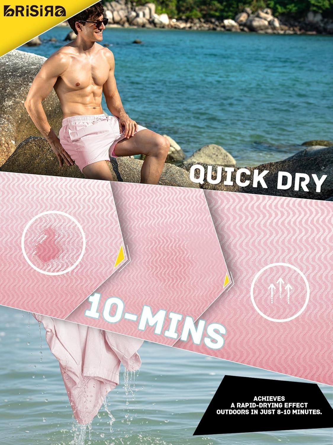 imageBRISIRA Mens Swim Trunks Ribbed Textured 5quot Bathing Suit with Compression Liner Board Shorts Beach Swimsuit Quick Dry PocketPinkstripes