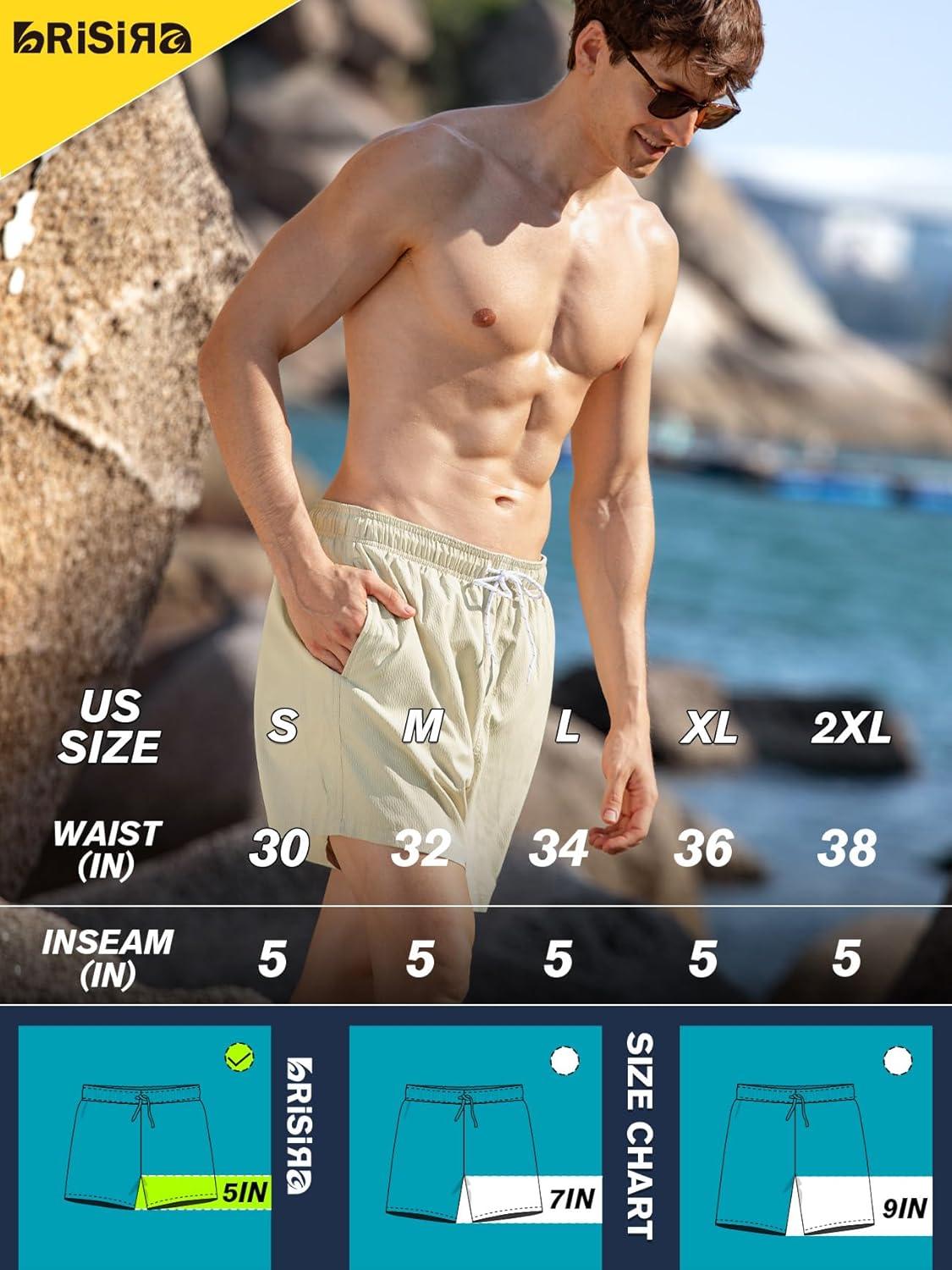 imageBRISIRA Mens Swim Trunks Ribbed Textured 5quot Bathing Suit with Compression Liner Board Shorts Beach Swimsuit Quick Dry PocketSagegreenstripes