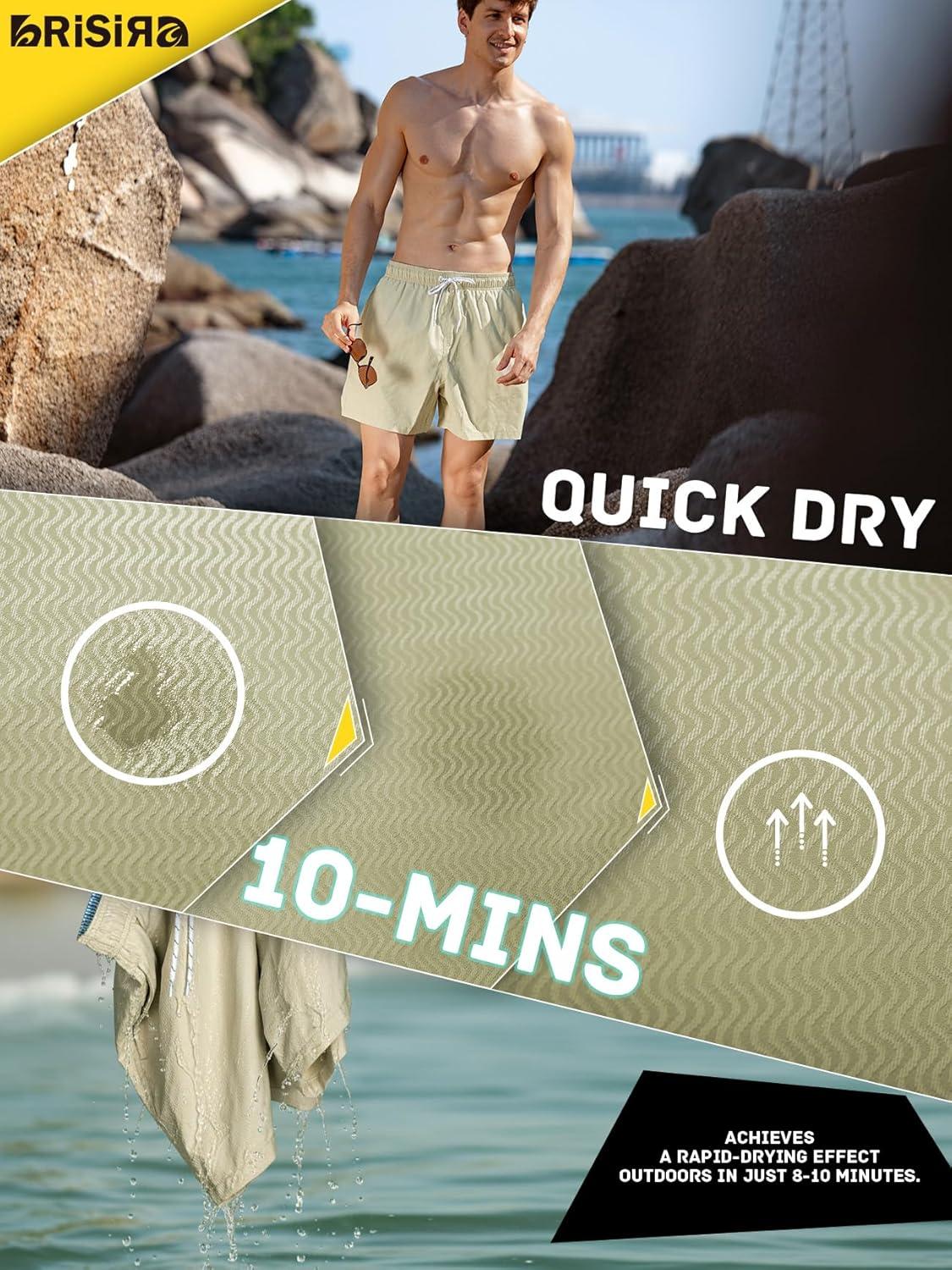 imageBRISIRA Mens Swim Trunks Ribbed Textured 5quot Bathing Suit with Compression Liner Board Shorts Beach Swimsuit Quick Dry PocketSagegreenstripes