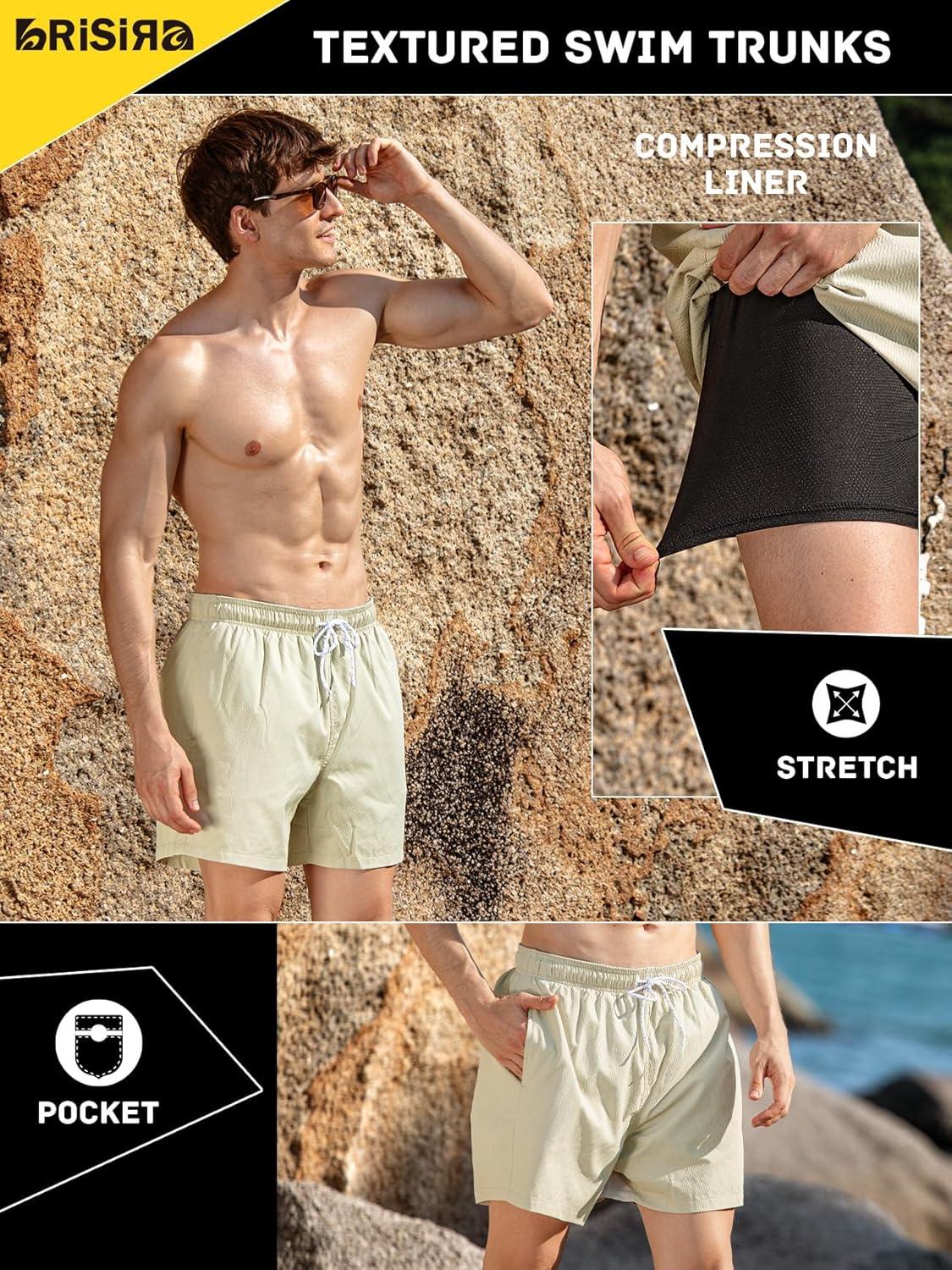 imageBRISIRA Mens Swim Trunks Ribbed Textured 5quot Bathing Suit with Compression Liner Board Shorts Beach Swimsuit Quick Dry PocketSagegreenstripes