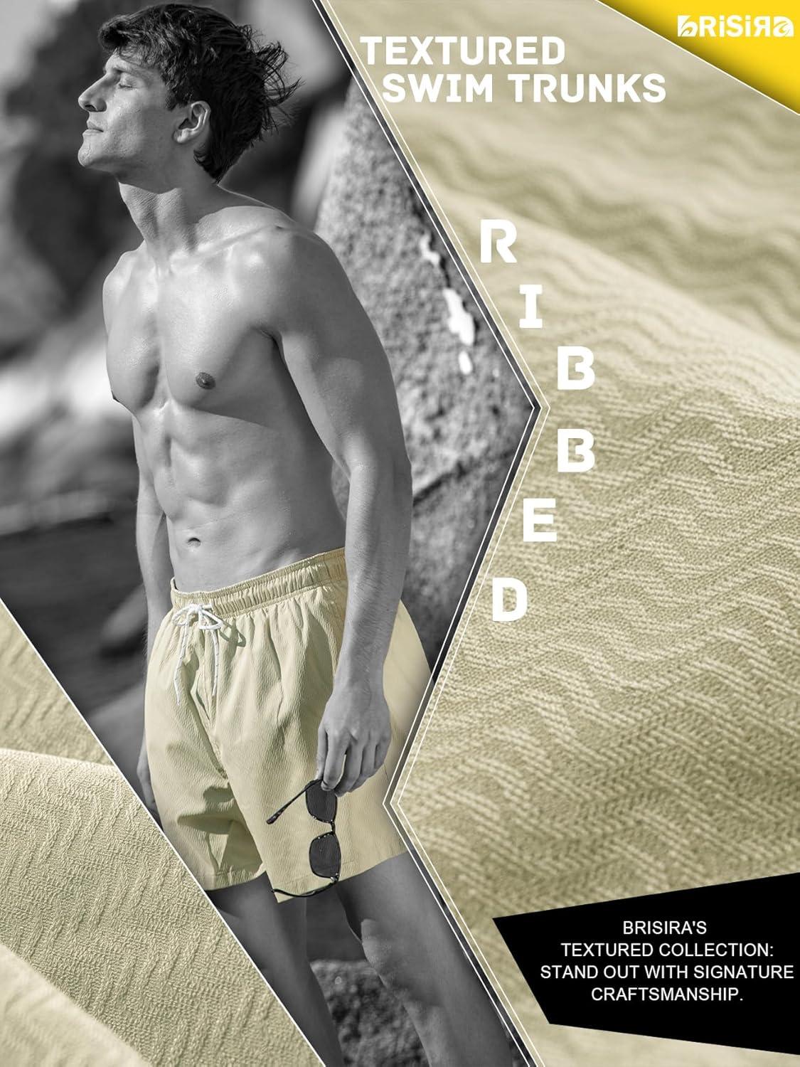 imageBRISIRA Mens Swim Trunks Ribbed Textured 5quot Bathing Suit with Compression Liner Board Shorts Beach Swimsuit Quick Dry PocketSagegreenstripes