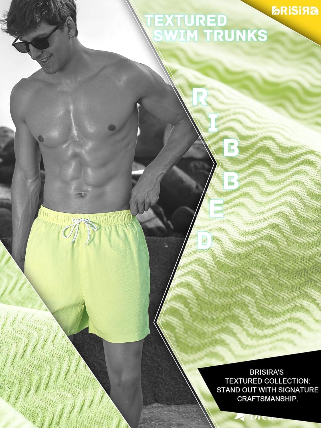 imageBRISIRA Mens Swim Trunks Ribbed Textured 5quot Bathing Suit with Compression Liner Board Shorts Beach Swimsuit Quick Dry PocketTendergreenstripes