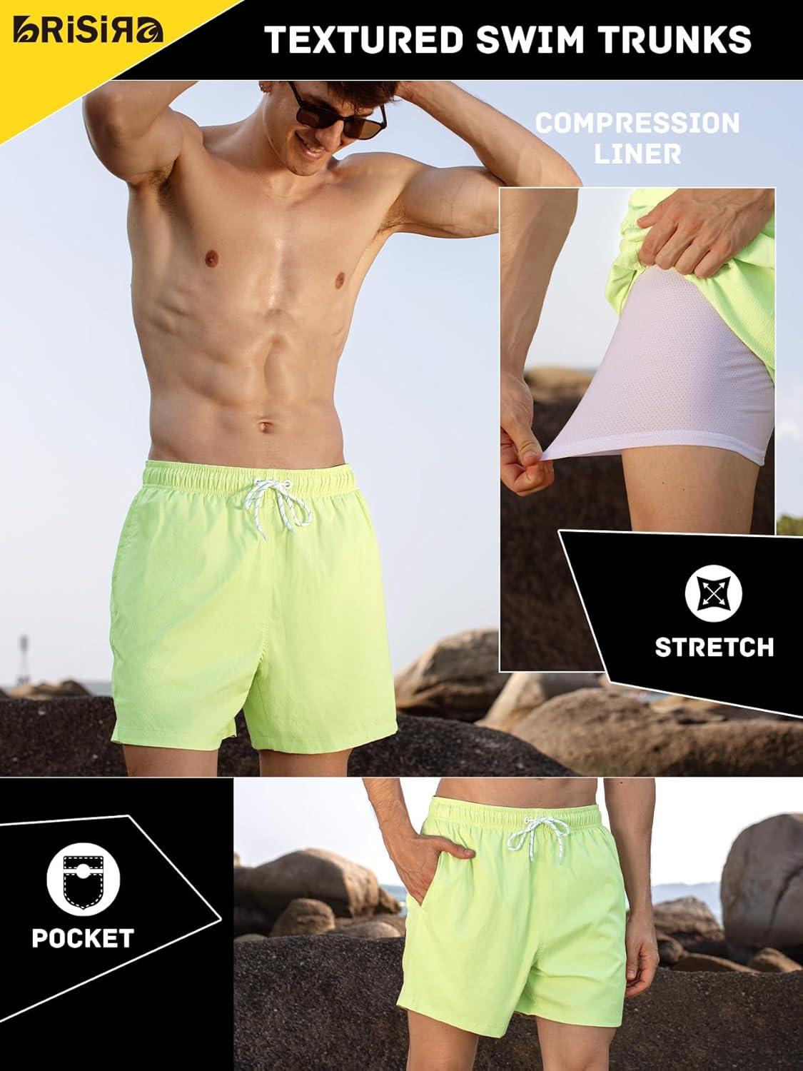 imageBRISIRA Mens Swim Trunks Ribbed Textured 5quot Bathing Suit with Compression Liner Board Shorts Beach Swimsuit Quick Dry PocketTendergreenstripes