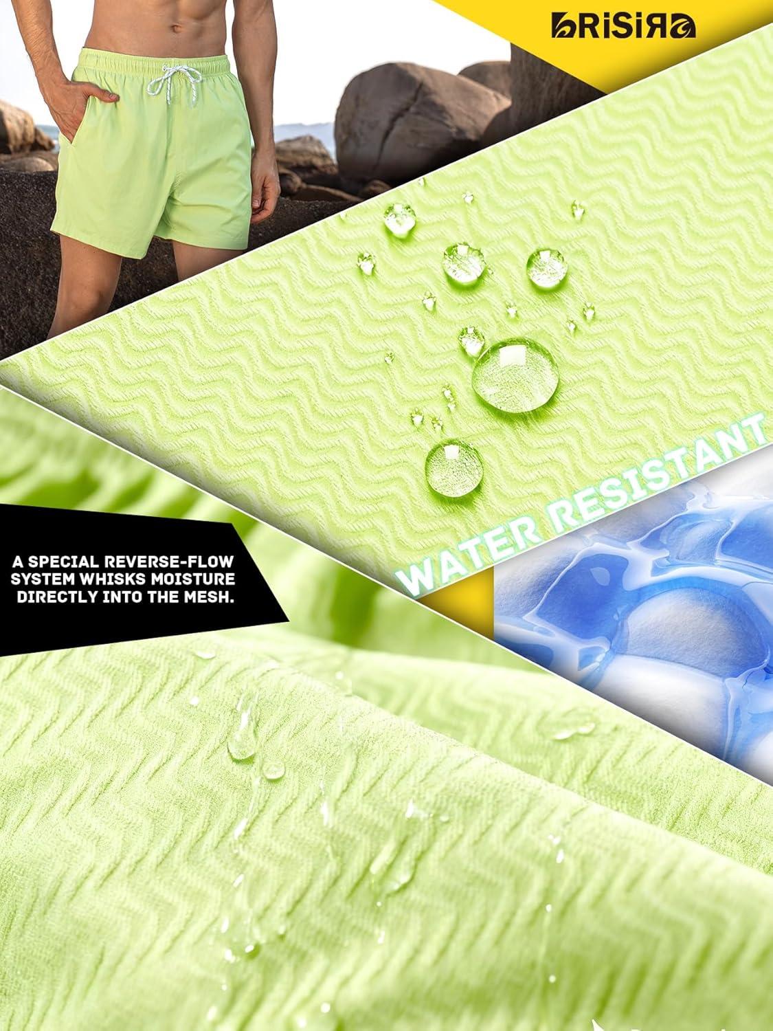 imageBRISIRA Mens Swim Trunks Ribbed Textured 5quot Bathing Suit with Compression Liner Board Shorts Beach Swimsuit Quick Dry PocketTendergreenstripes