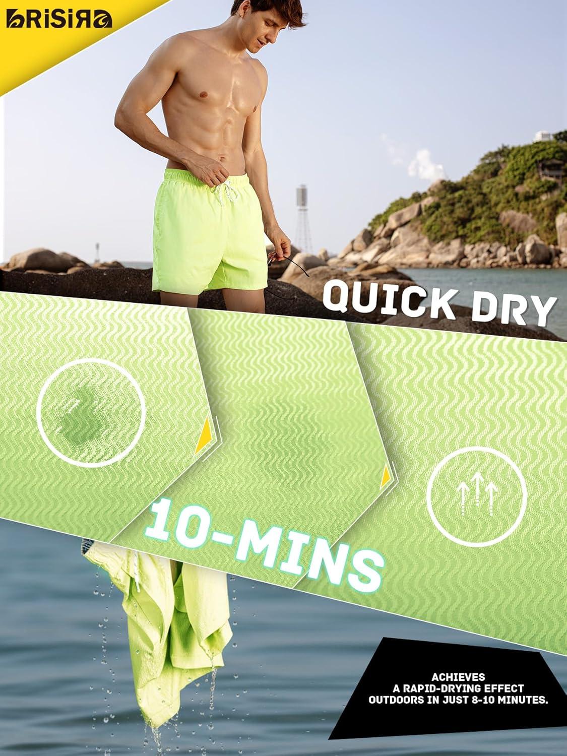 imageBRISIRA Mens Swim Trunks Ribbed Textured 5quot Bathing Suit with Compression Liner Board Shorts Beach Swimsuit Quick Dry PocketTendergreenstripes