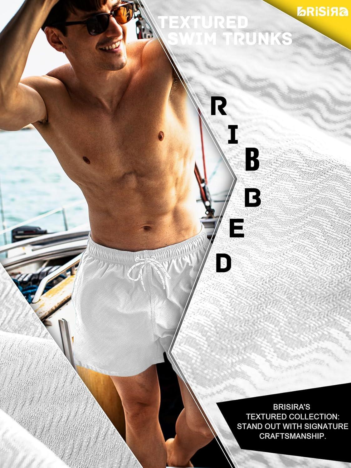 imageBRISIRA Mens Swim Trunks Ribbed Textured 5quot Bathing Suit with Compression Liner Board Shorts Beach Swimsuit Quick Dry PocketWhitestripes