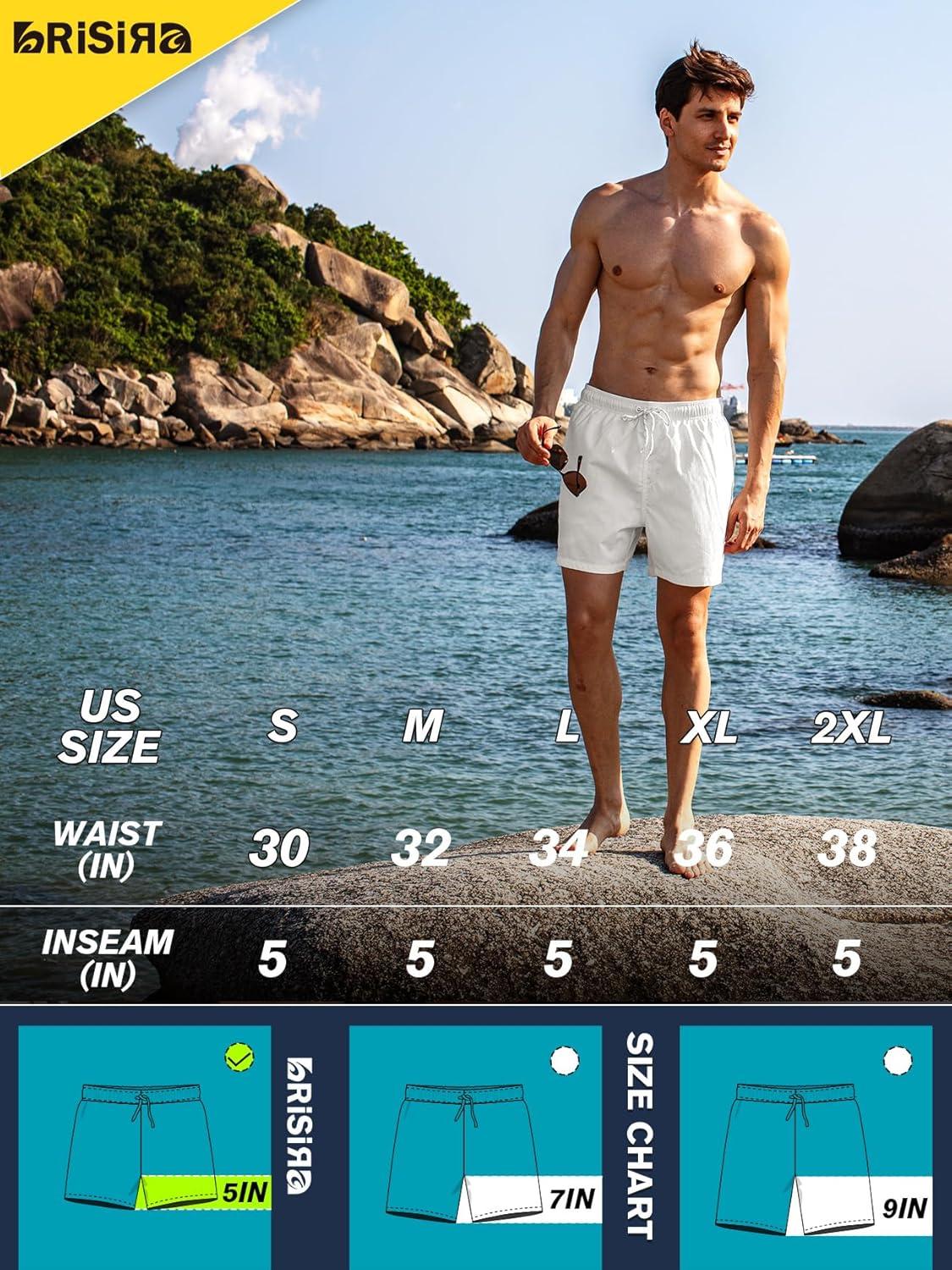 imageBRISIRA Mens Swim Trunks Ribbed Textured 5quot Bathing Suit with Compression Liner Board Shorts Beach Swimsuit Quick Dry PocketWhitestripes