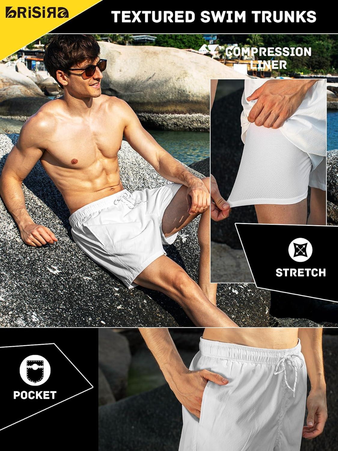 imageBRISIRA Mens Swim Trunks Ribbed Textured 5quot Bathing Suit with Compression Liner Board Shorts Beach Swimsuit Quick Dry PocketWhitestripes