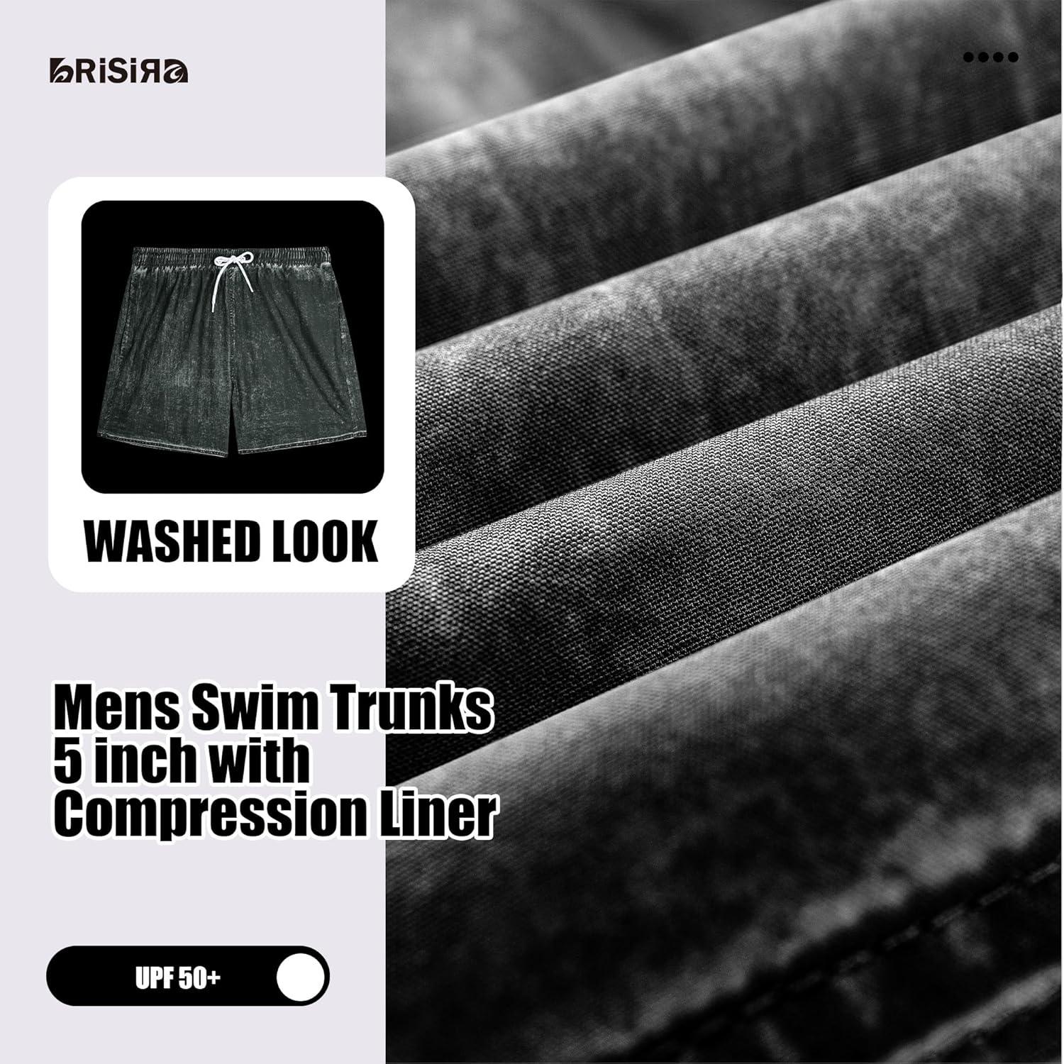 imageBRISIRA Mens Swim Trunks Washed Look Compression Liner 5 inch Swim Shorts Quick Dry Retro Bathing Suit Lightweight PocketBlack