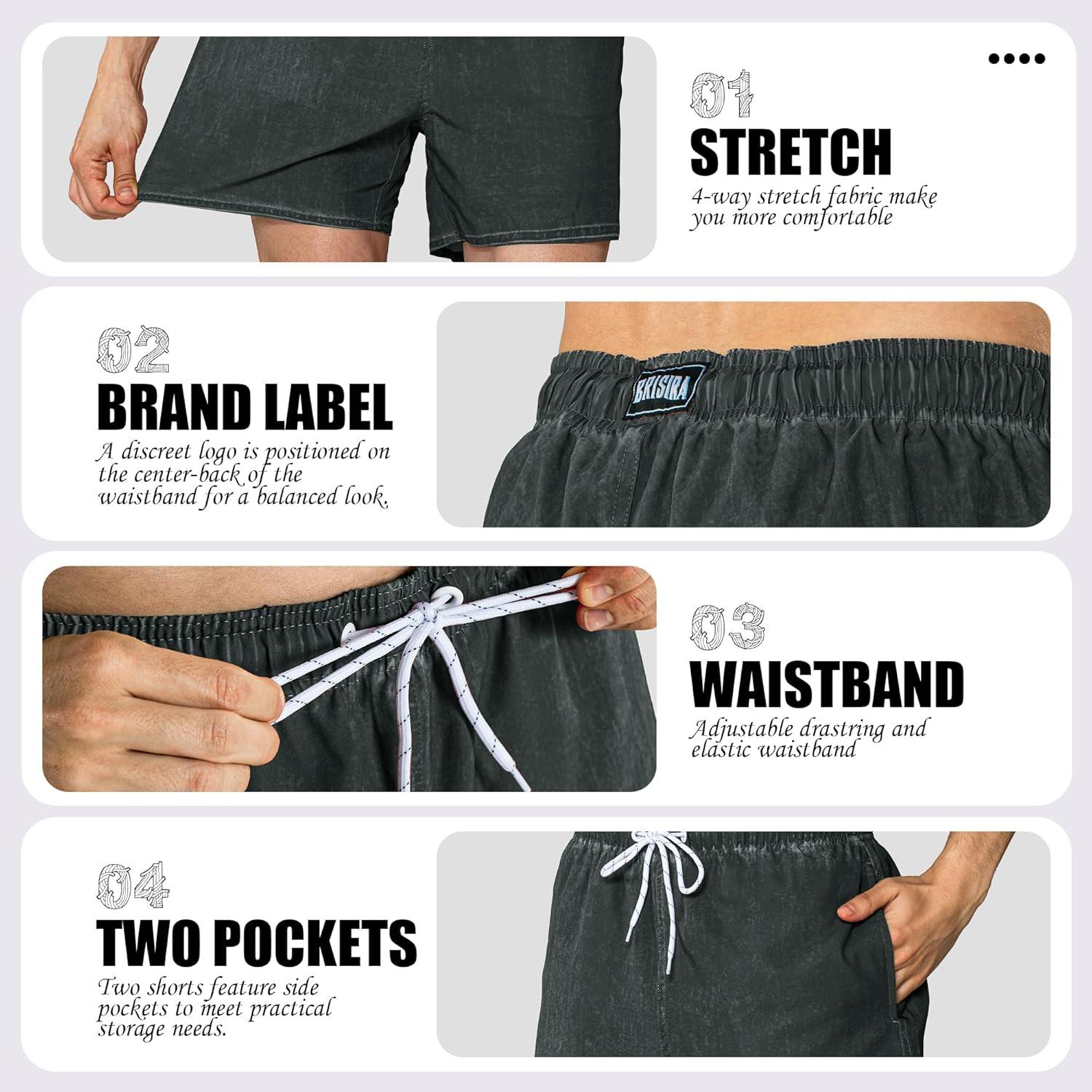 imageBRISIRA Mens Swim Trunks Washed Look Compression Liner 5 inch Swim Shorts Quick Dry Retro Bathing Suit Lightweight PocketBlack