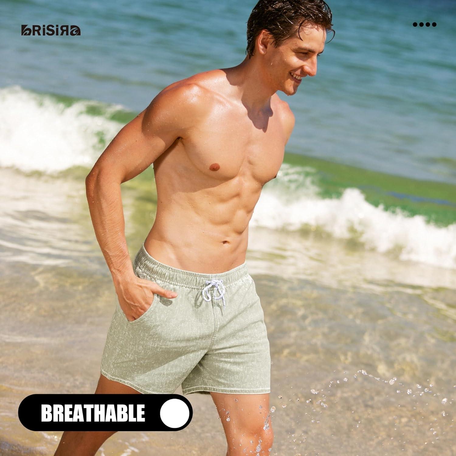 imageBRISIRA Mens Swim Trunks Washed Look Compression Liner 5 inch Swim Shorts Quick Dry Retro Bathing Suit Lightweight PocketCamel