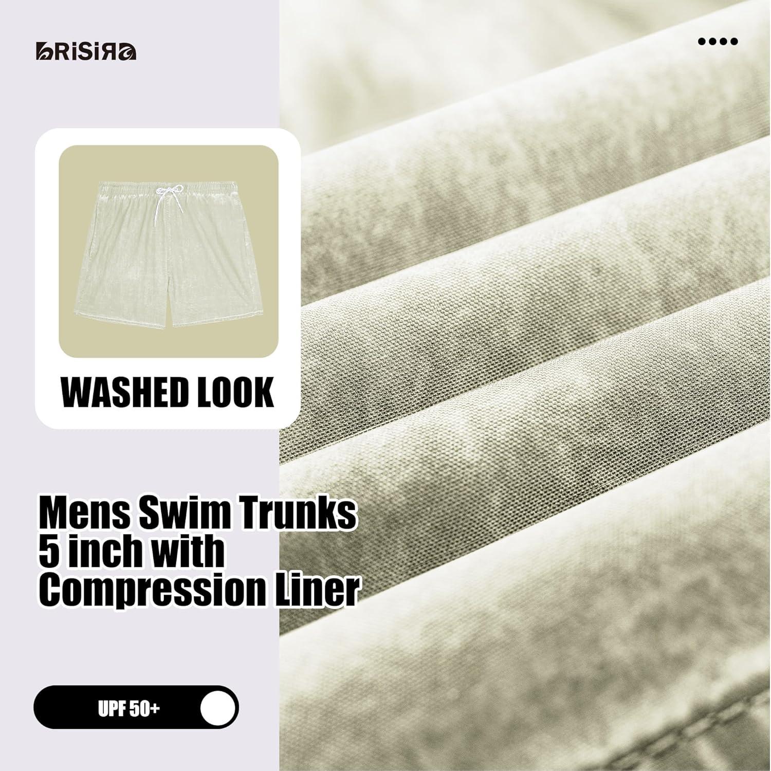 imageBRISIRA Mens Swim Trunks Washed Look Compression Liner 5 inch Swim Shorts Quick Dry Retro Bathing Suit Lightweight PocketCamel