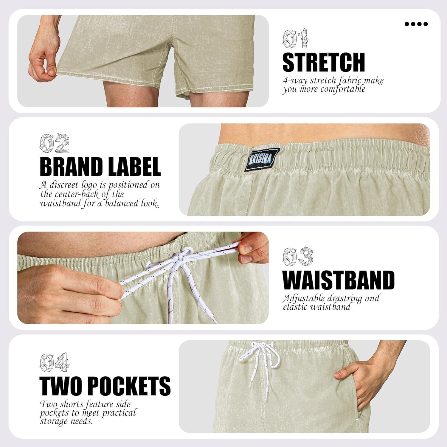 imageBRISIRA Mens Swim Trunks Washed Look Compression Liner 5 inch Swim Shorts Quick Dry Retro Bathing Suit Lightweight PocketCamel