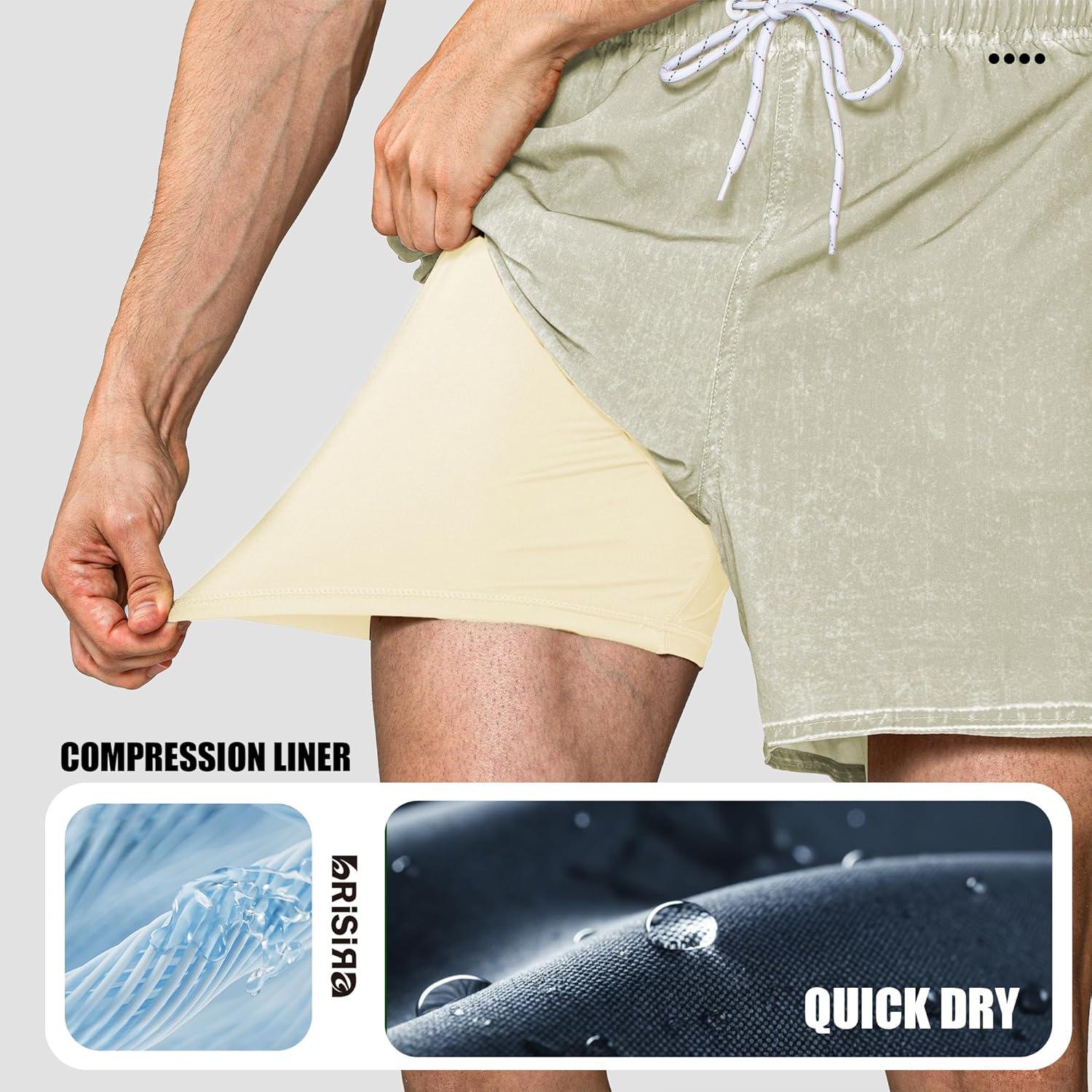 imageBRISIRA Mens Swim Trunks Washed Look Compression Liner 5 inch Swim Shorts Quick Dry Retro Bathing Suit Lightweight PocketCamel