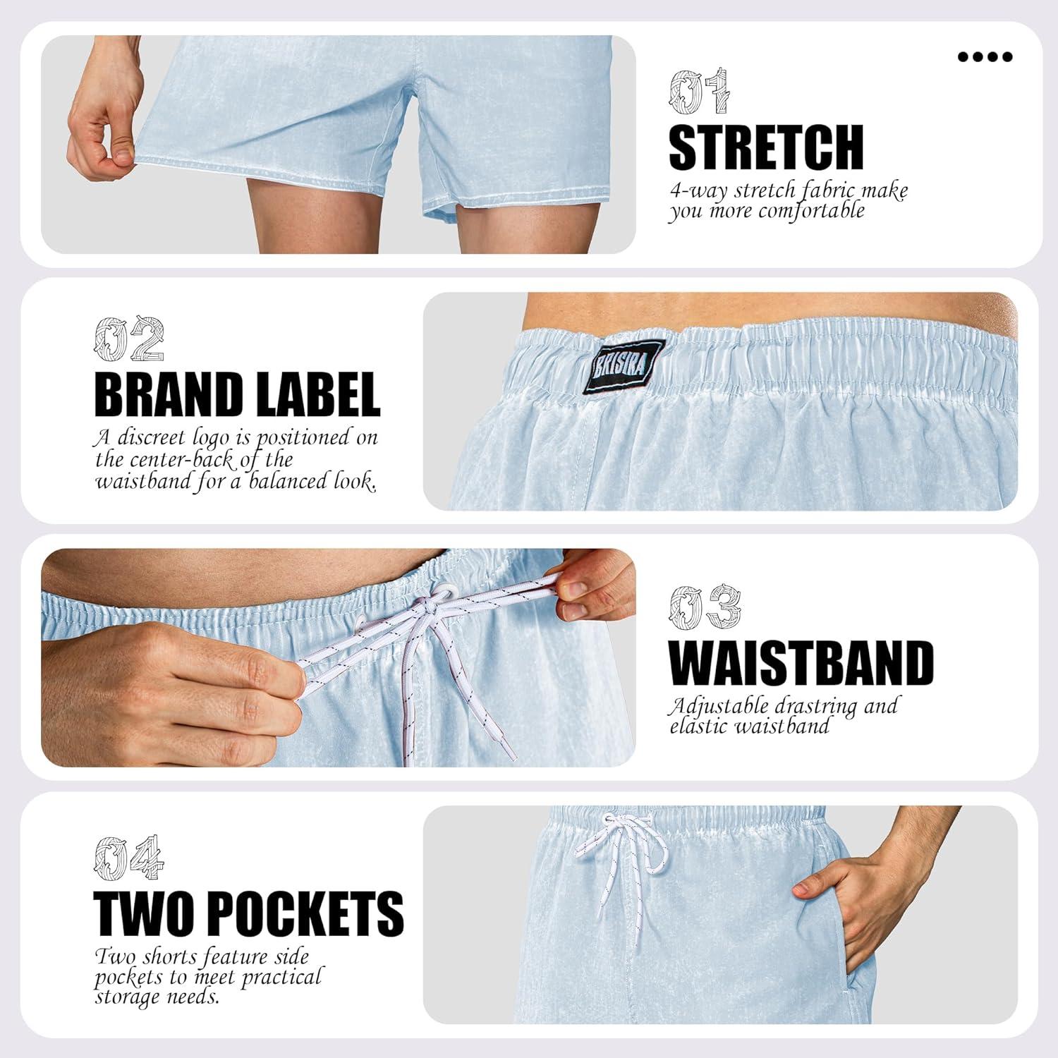 imageBRISIRA Mens Swim Trunks Washed Look Compression Liner 5 inch Swim Shorts Quick Dry Retro Bathing Suit Lightweight PocketLight Blue