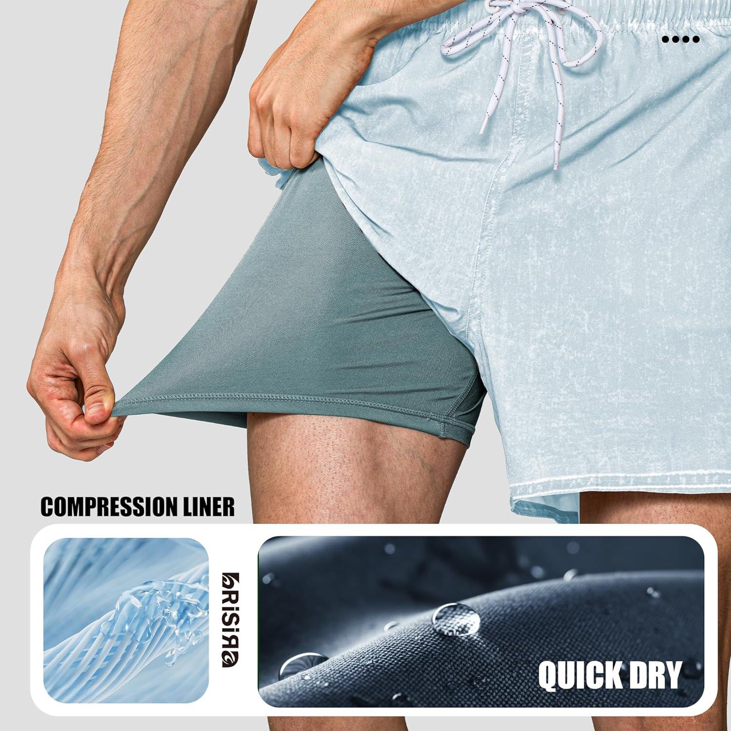 imageBRISIRA Mens Swim Trunks Washed Look Compression Liner 5 inch Swim Shorts Quick Dry Retro Bathing Suit Lightweight PocketLight Blue