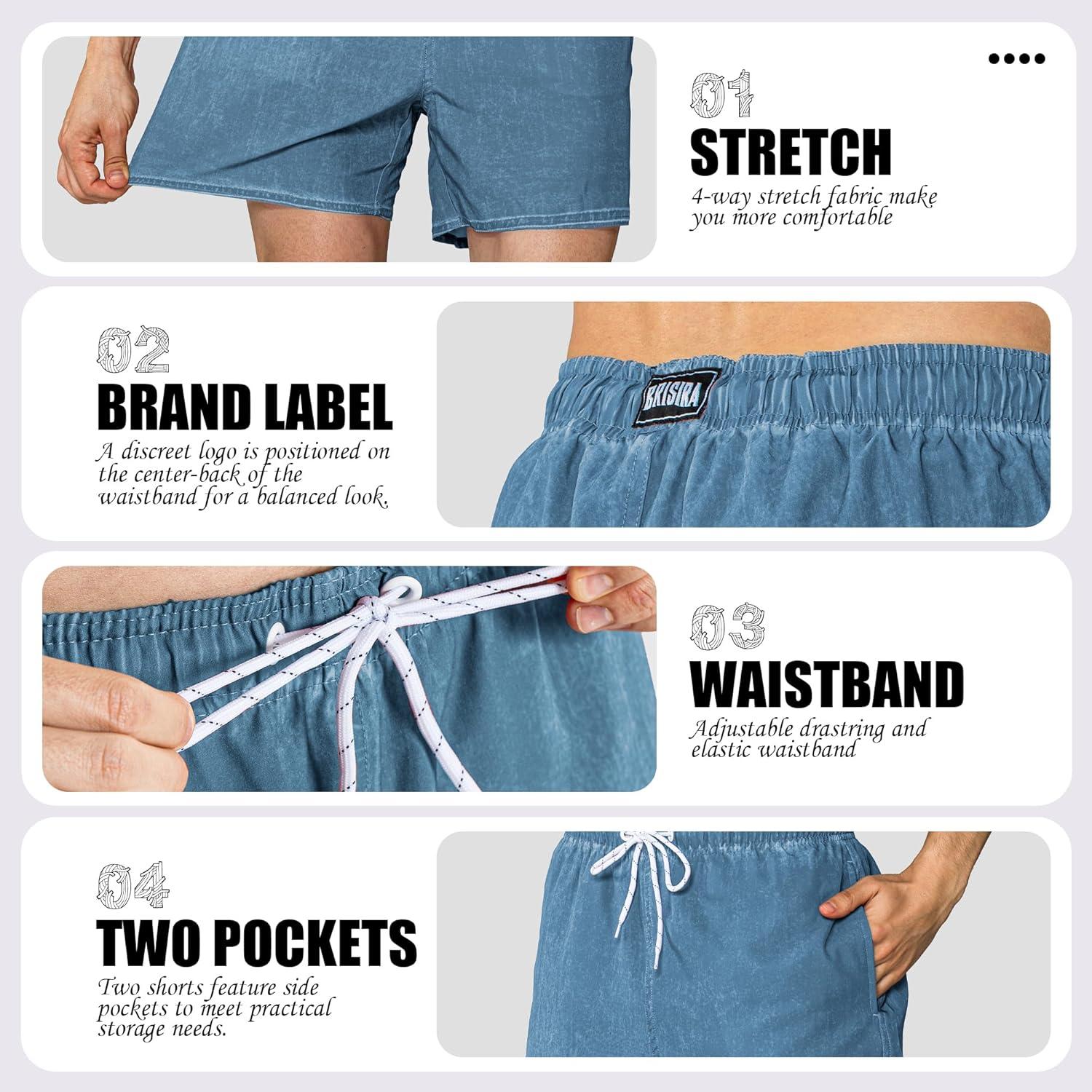 imageBRISIRA Mens Swim Trunks Washed Look Compression Liner 5 inch Swim Shorts Quick Dry Retro Bathing Suit Lightweight PocketSea Blue