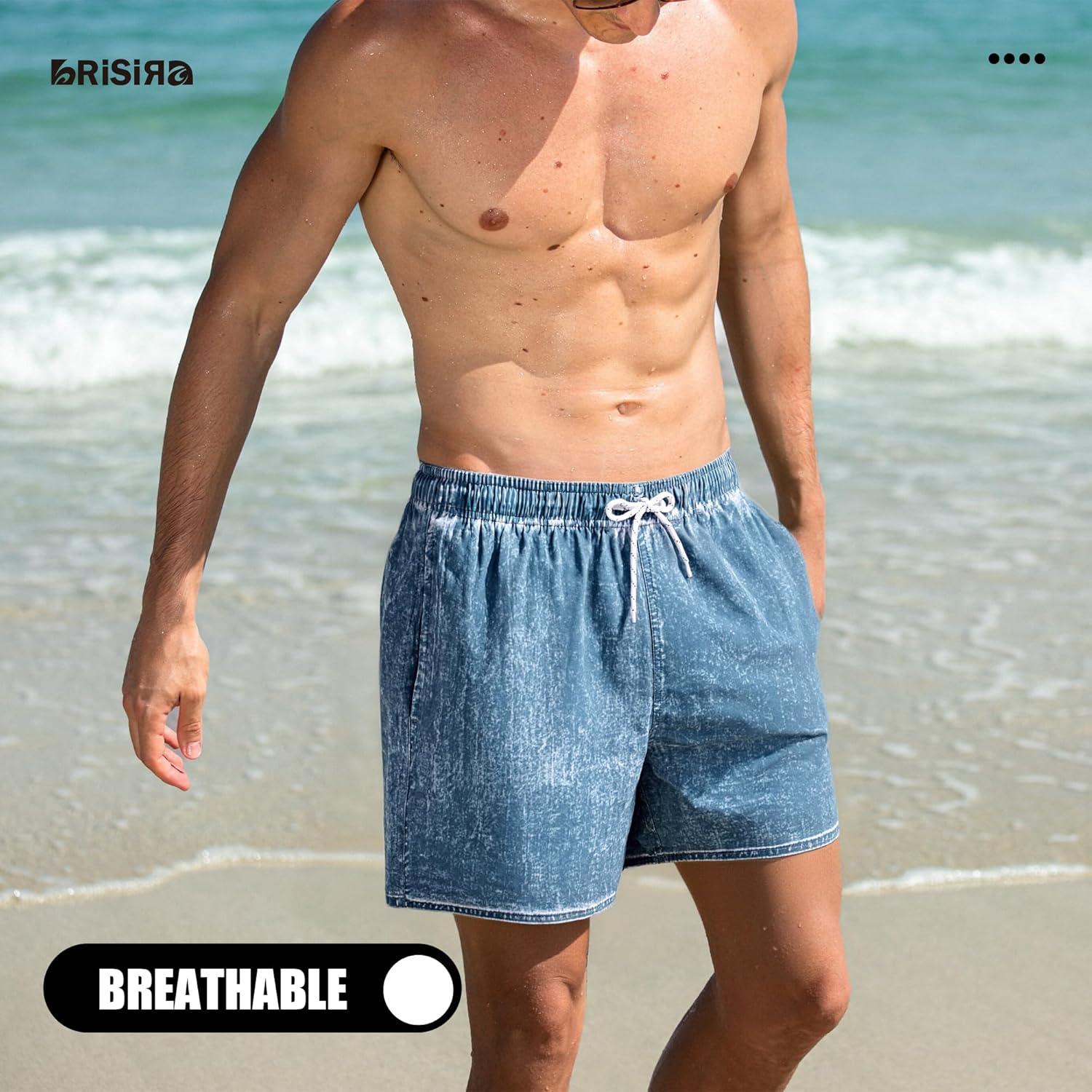 imageBRISIRA Mens Swim Trunks Washed Look Compression Liner 5 inch Swim Shorts Quick Dry Retro Bathing Suit Lightweight PocketSea Blue