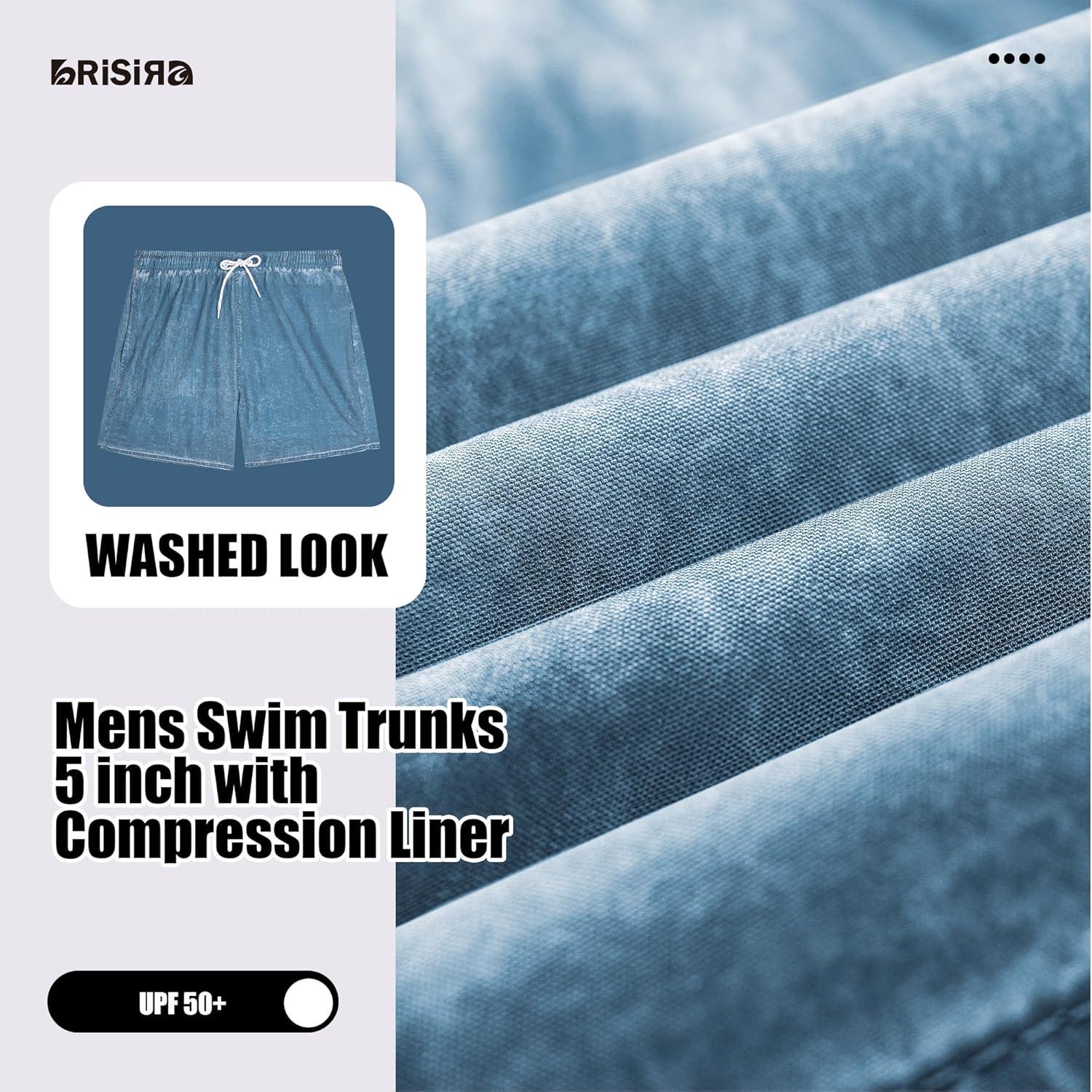 imageBRISIRA Mens Swim Trunks Washed Look Compression Liner 5 inch Swim Shorts Quick Dry Retro Bathing Suit Lightweight PocketSea Blue