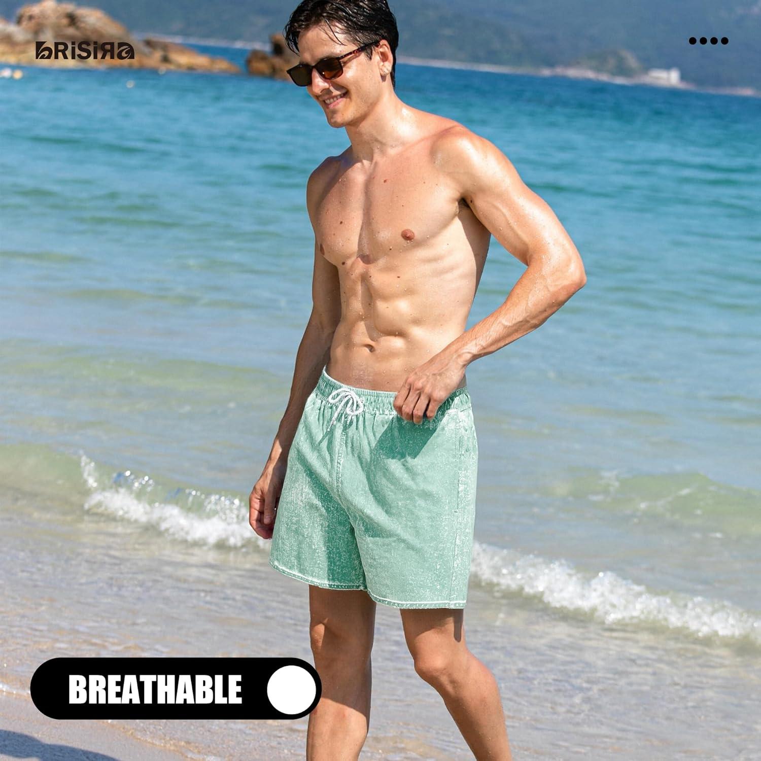 imageBRISIRA Mens Swim Trunks Washed Look Compression Liner 5 inch Swim Shorts Quick Dry Retro Bathing Suit Lightweight PocketSilt Green