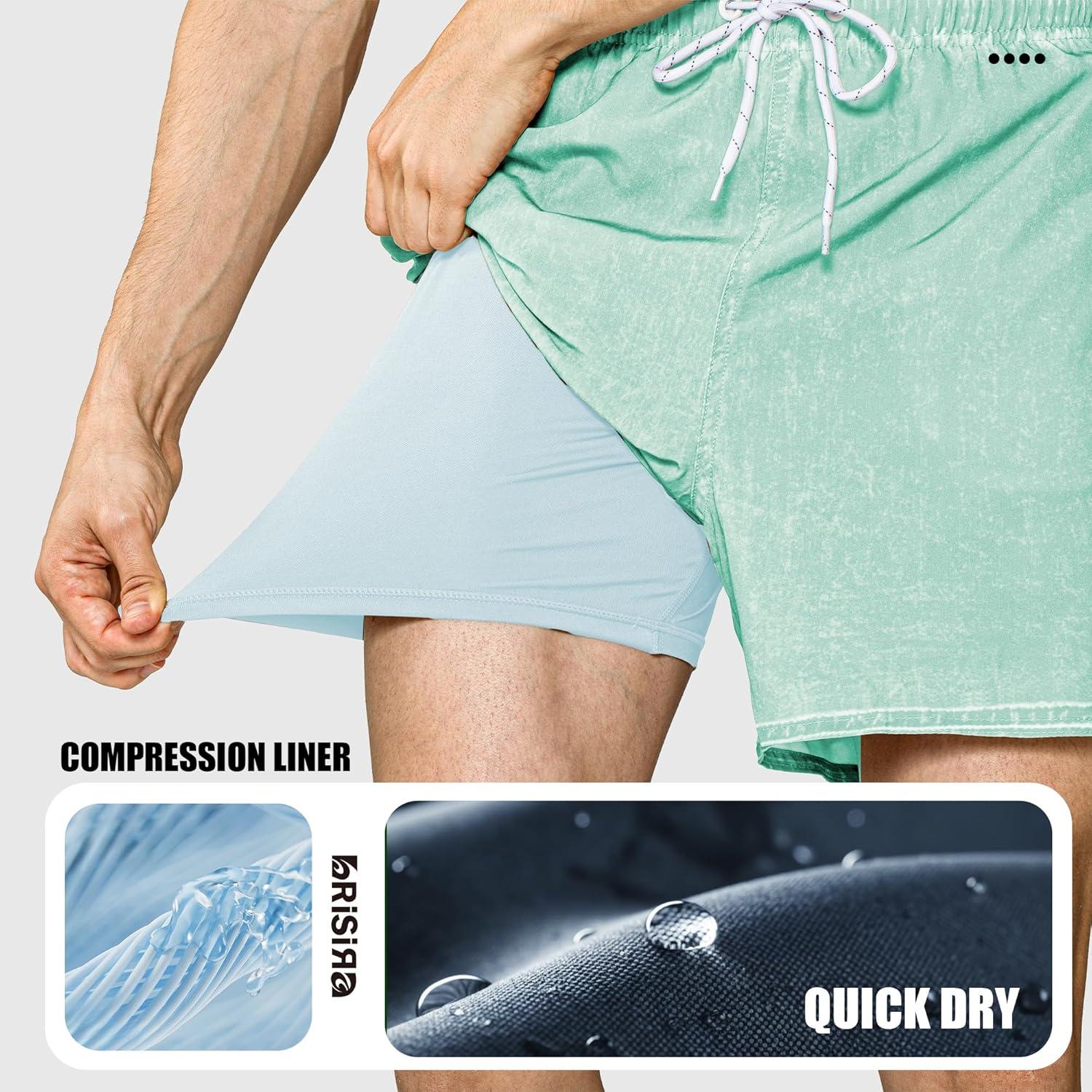 imageBRISIRA Mens Swim Trunks Washed Look Compression Liner 5 inch Swim Shorts Quick Dry Retro Bathing Suit Lightweight PocketSilt Green