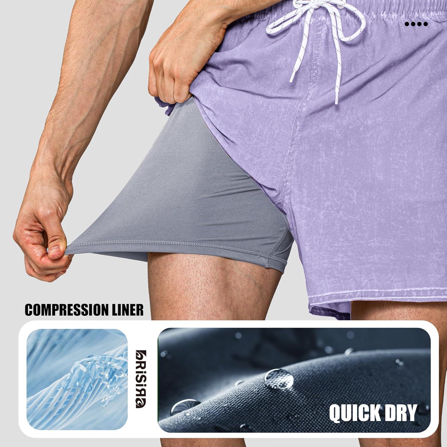 imageBRISIRA Mens Swim Trunks with Compression Liner 5 inch Swim Shorts Quick Dry Stretch Bathing Suits Board Shorts Pockets