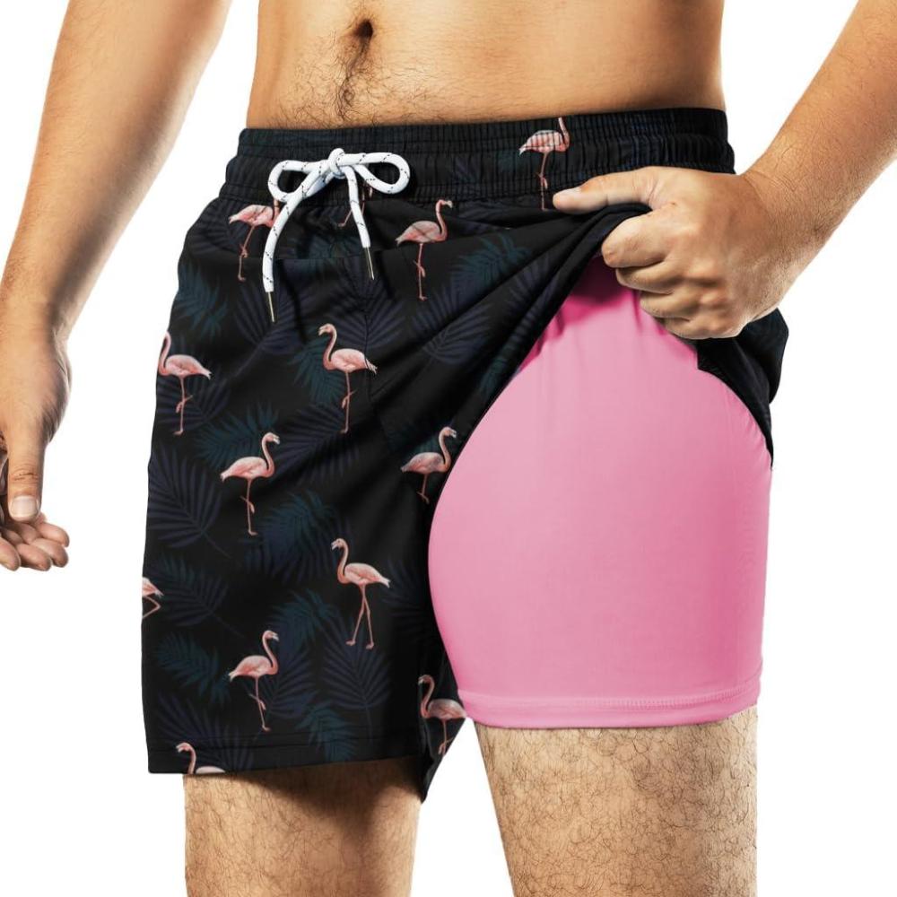 imageBRISIRA Mens Swim Trunks 5 Inch Compression Liner Beach Swim Shorts Bathing Suit Breathable Quick Dry Zipper PocketBlack Leafflamingo