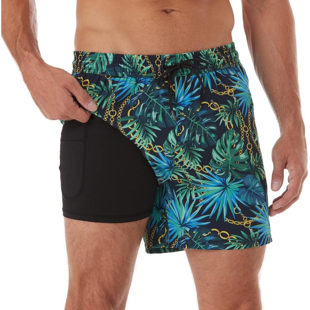 imageBRISIRA Mens Swim Trunks 5 Inch Compression Liner Beach Swim Shorts Bathing Suit Breathable Quick Dry Zipper PocketBlackgreentropical