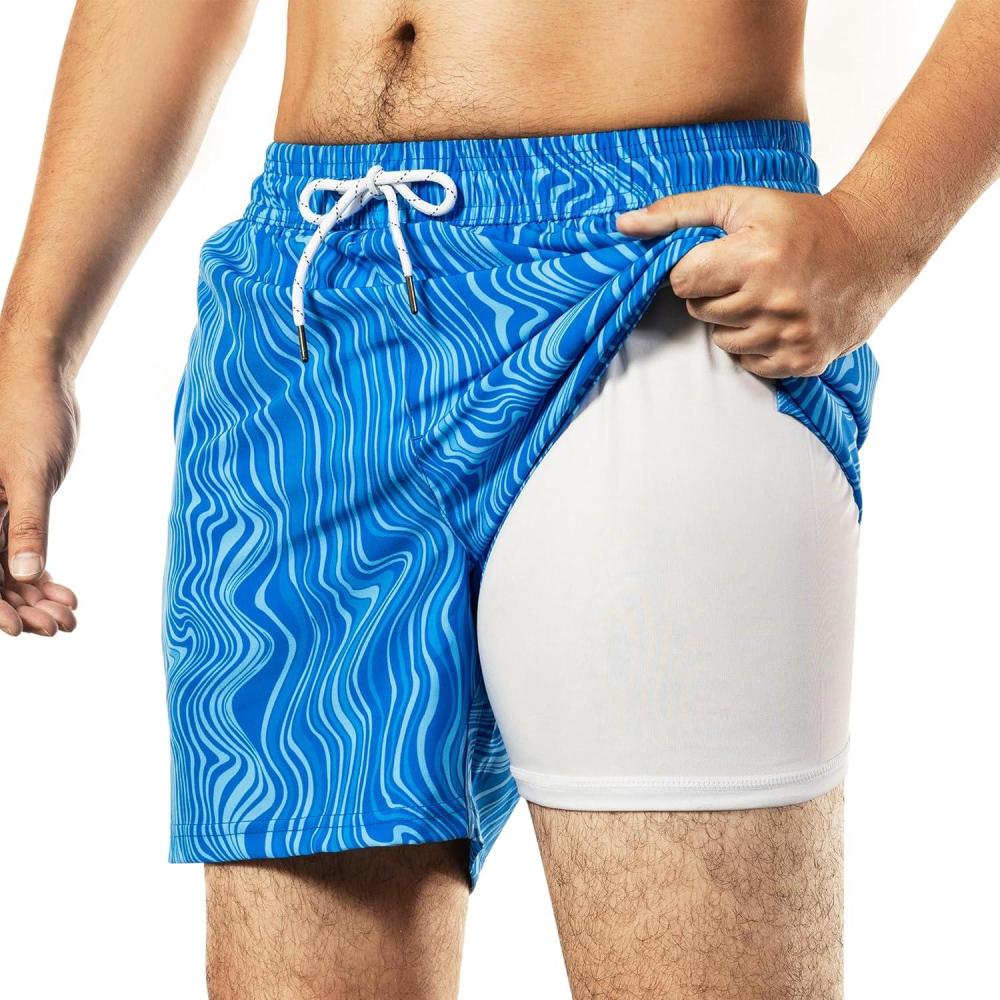 imageBRISIRA Mens Swim Trunks 5 Inch Compression Liner Beach Swim Shorts Bathing Suit Breathable Quick Dry Zipper PocketBlue Ripple