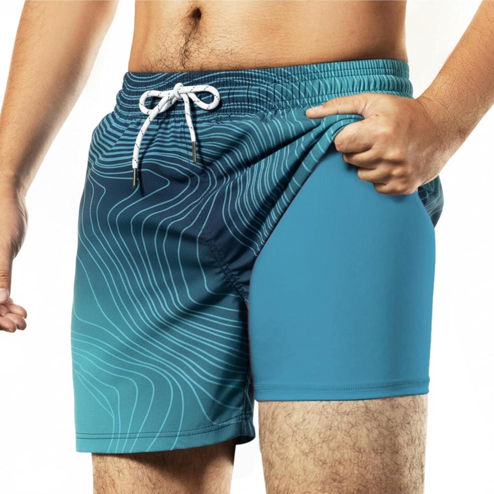imageBRISIRA Mens Swim Trunks 5 Inch Compression Liner Beach Swim Shorts Bathing Suit Breathable Quick Dry Zipper PocketBluegradient Stripes