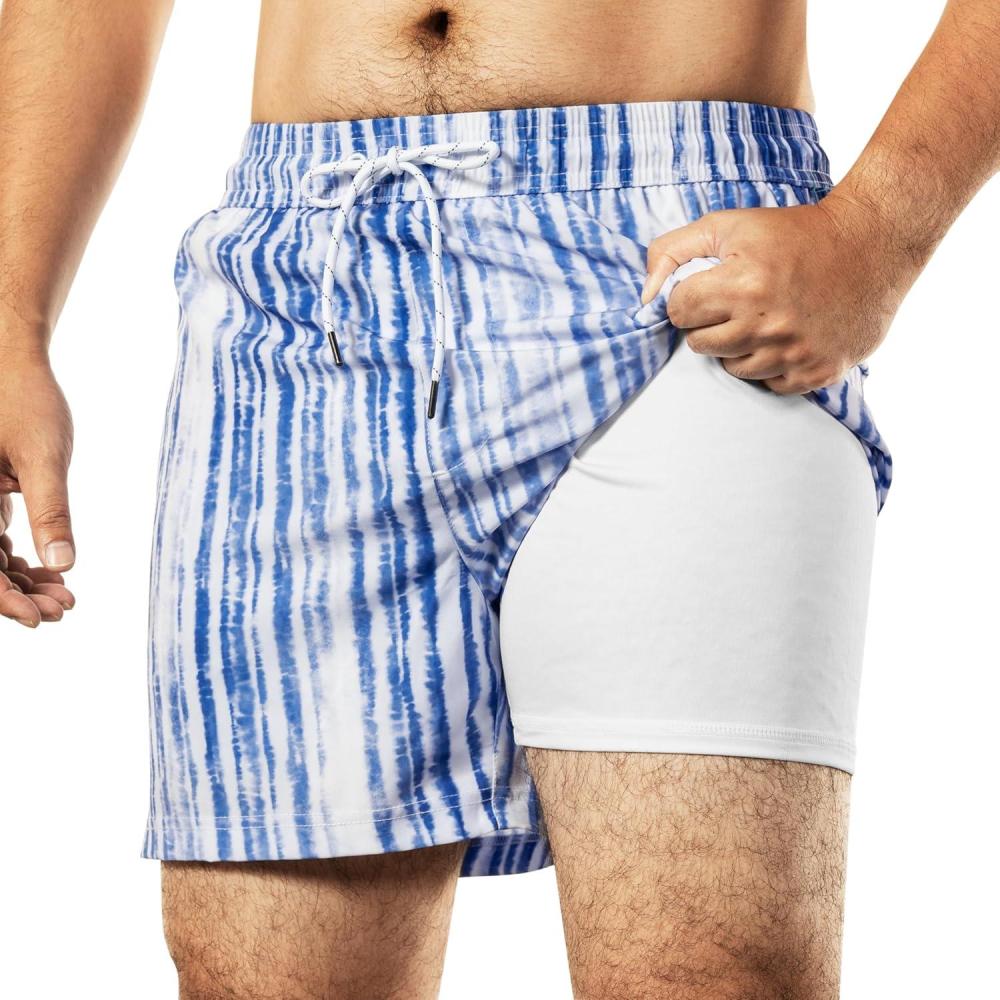 imageBRISIRA Mens Swim Trunks 5 Inch Compression Liner Beach Swim Shorts Bathing Suit Breathable Quick Dry Zipper PocketBluewhite Tiedye